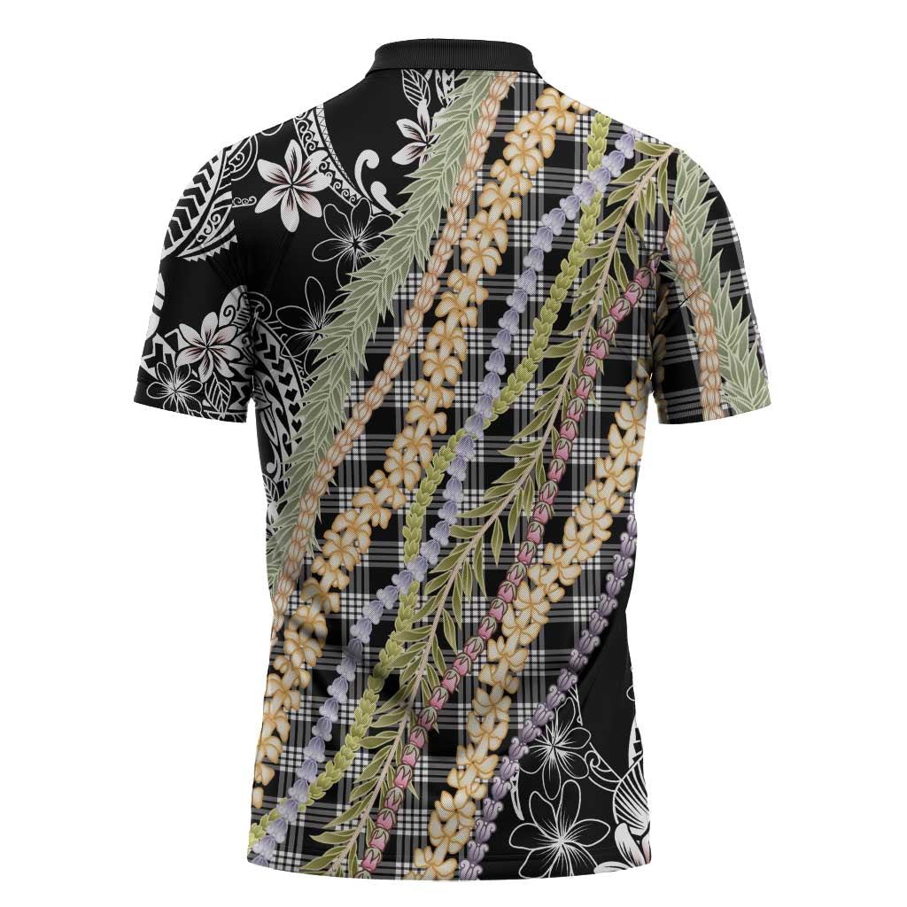 Black Palaka Hawaii Leis Zipper Polo Shirt Hawaiian-plaid Elegant Tropical Vibes - Polynesian Pride