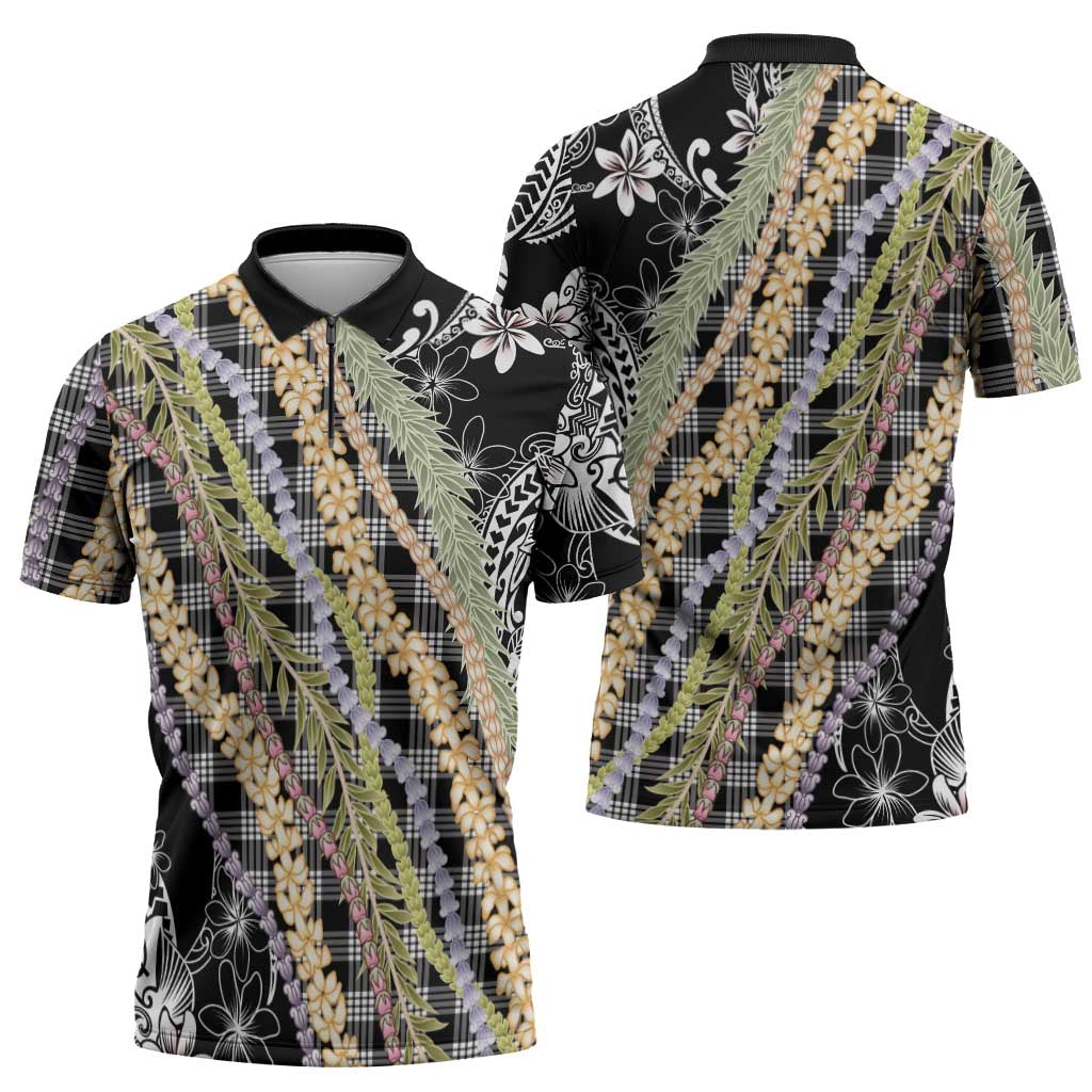 Black Palaka Hawaii Leis Zipper Polo Shirt Hawaiian-plaid Elegant Tropical Vibes - Polynesian Pride