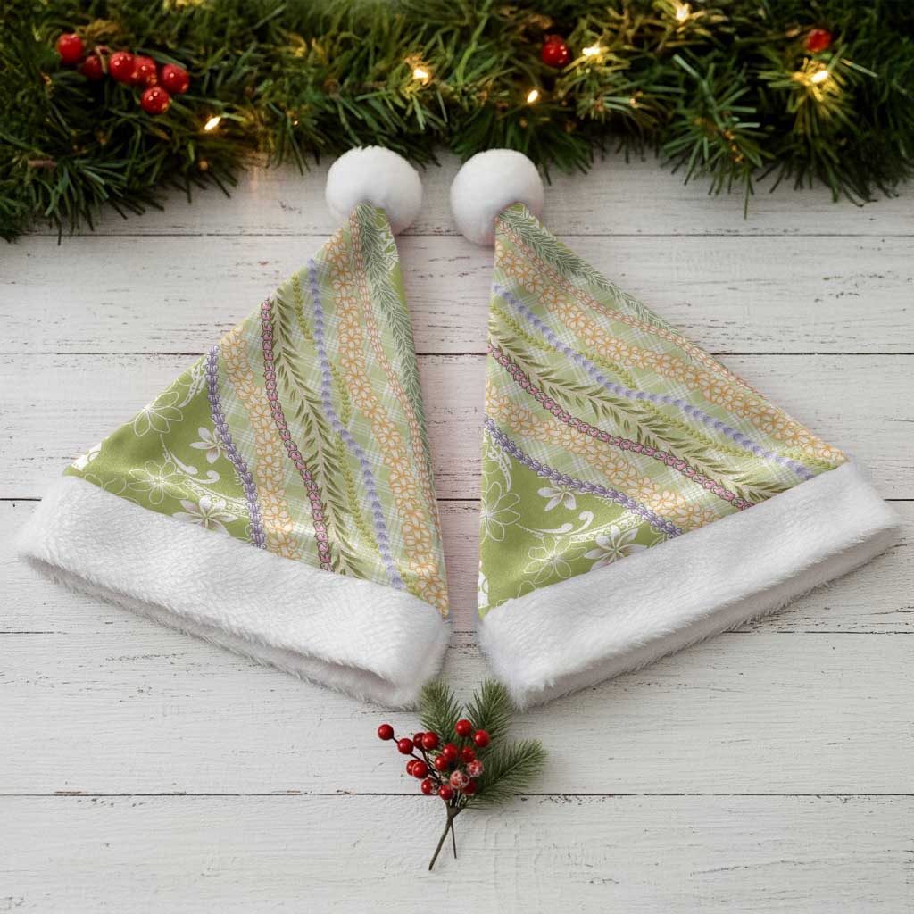 Green Palaka Hawaii Leis Christmas Santa Hat - Hawaiian Plaid Elegant Tropical Vibes LT14 - Polynesian Pride