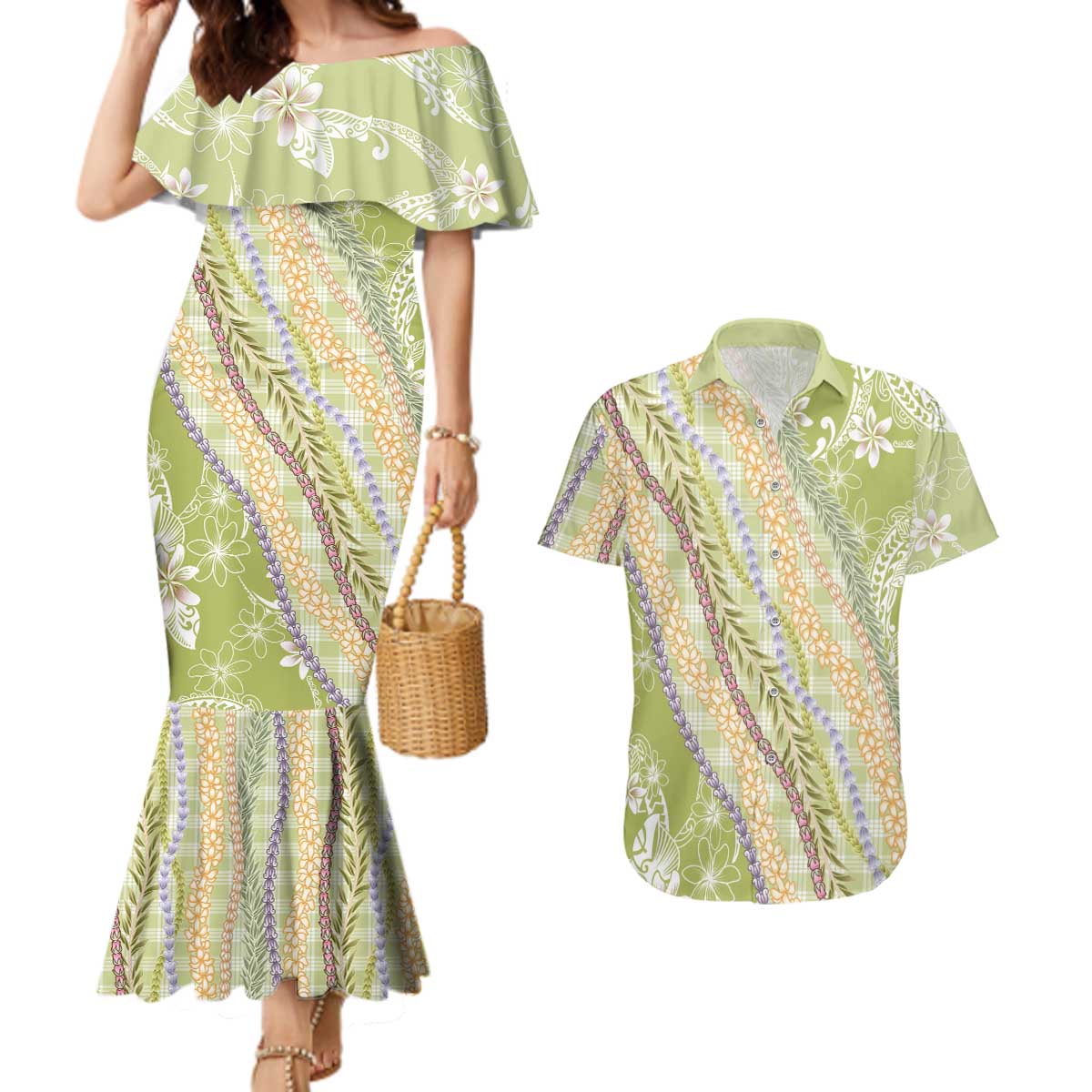 Green Palaka Hawaii Leis Couples Matching Mermaid Dress and Hawaiian Shirt Hawaiian-plaid Elegant Tropical Vibes LT14 Green - Polynesian Pride