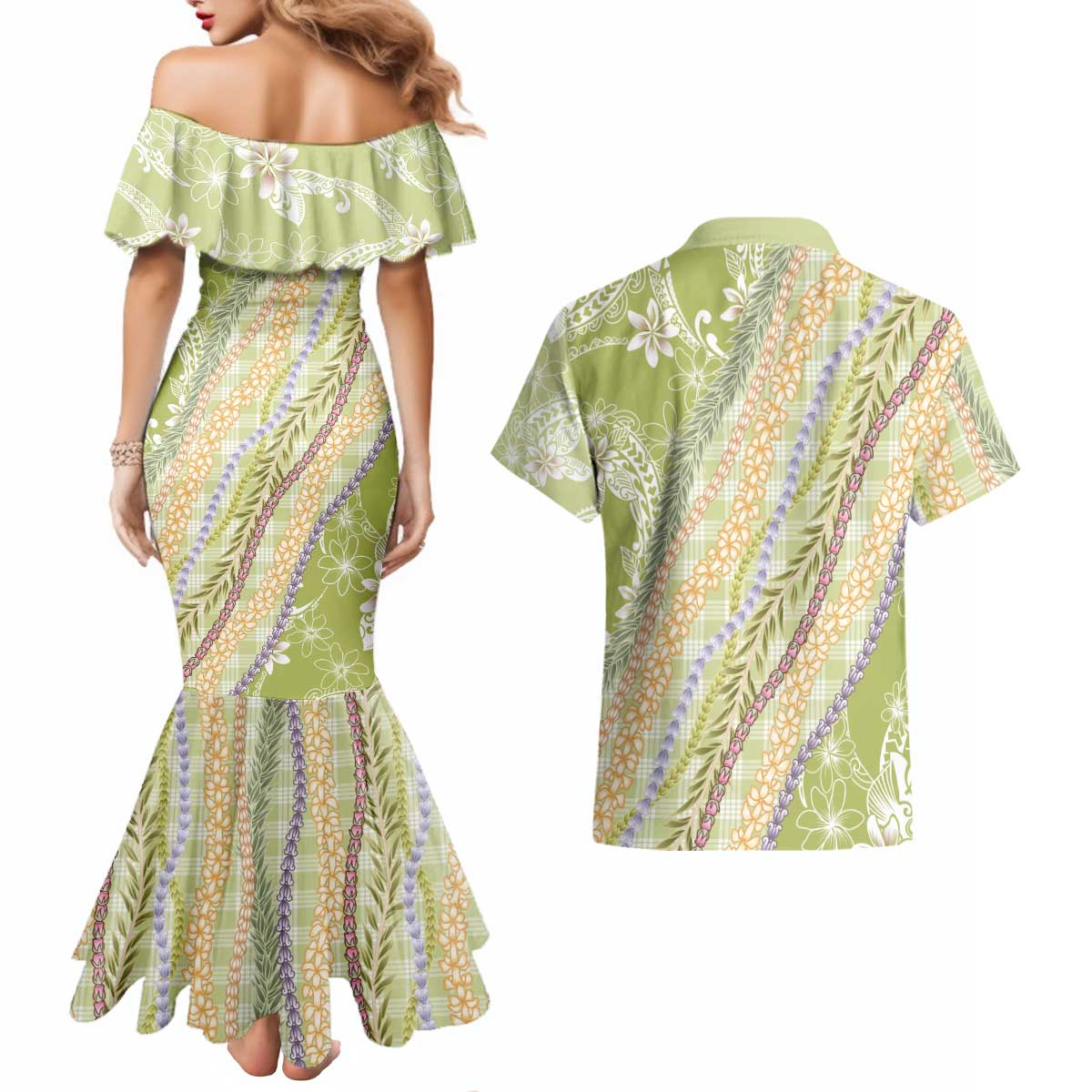 Green Palaka Hawaii Leis Couples Matching Mermaid Dress and Hawaiian Shirt Hawaiian-plaid Elegant Tropical Vibes LT14 - Polynesian Pride