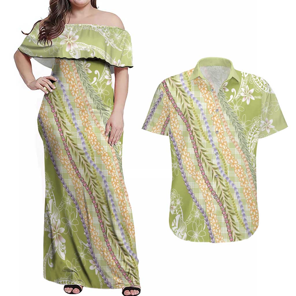Green Palaka Hawaii Leis Couples Matching Off Shoulder Maxi Dress and Hawaiian Shirt Hawaiian-plaid Elegant Tropical Vibes LT14 Green - Polynesian Pride