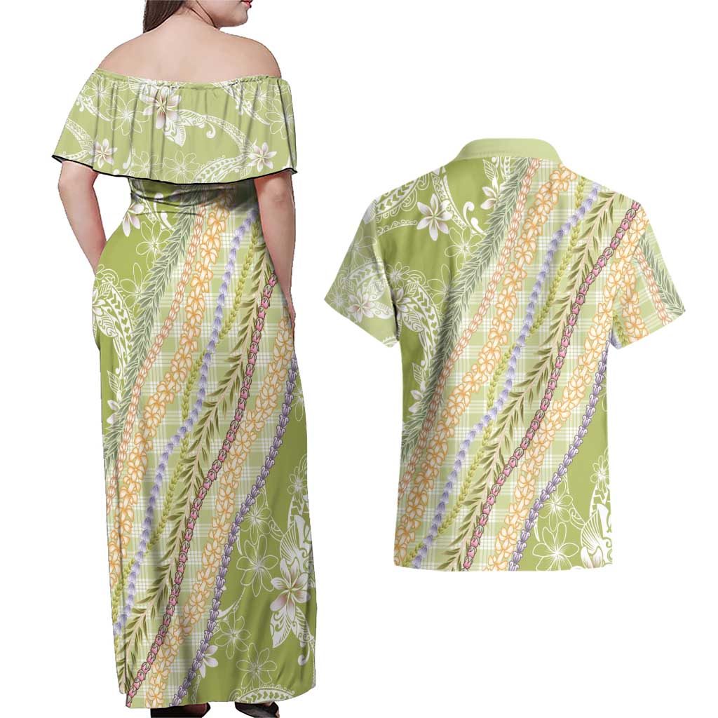 Green Palaka Hawaii Leis Couples Matching Off Shoulder Maxi Dress and Hawaiian Shirt Hawaiian-plaid Elegant Tropical Vibes LT14 - Polynesian Pride