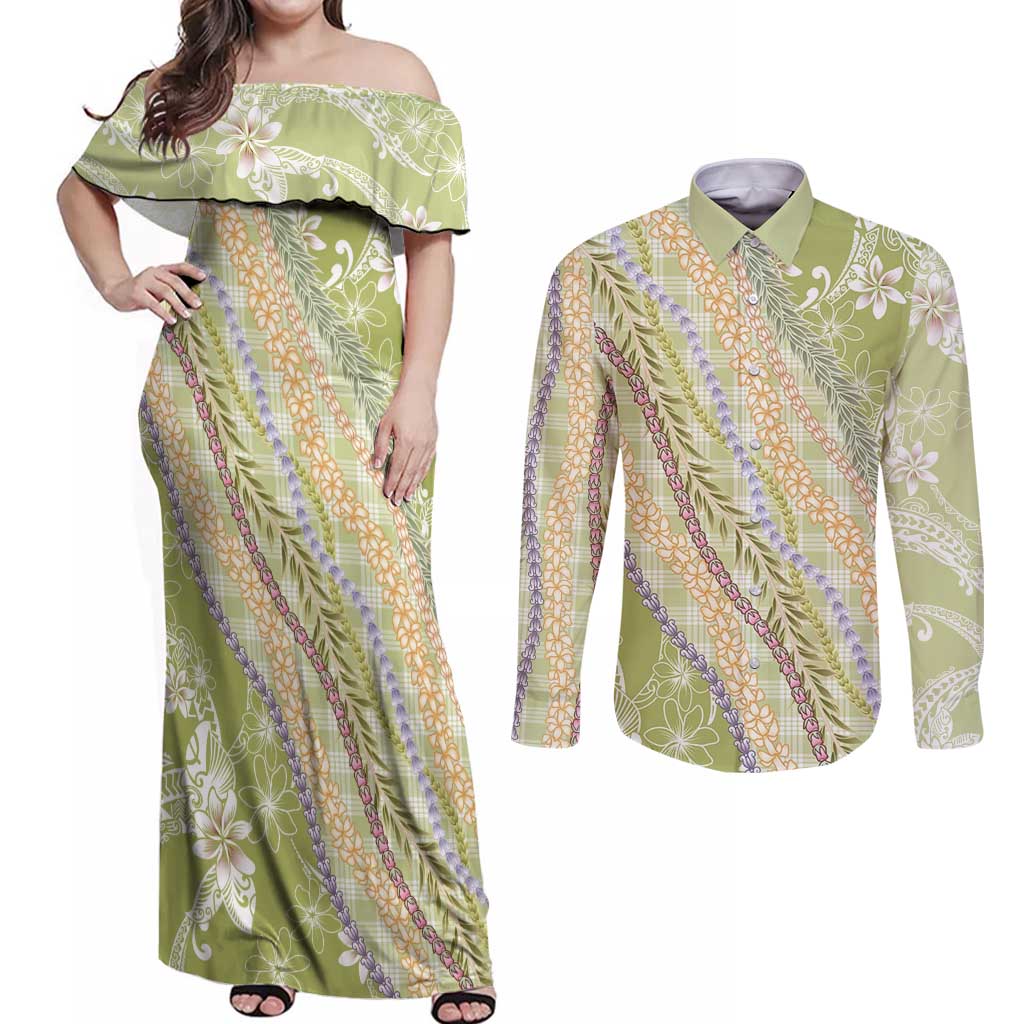 Green Palaka Hawaii Leis Couples Matching Off Shoulder Maxi Dress and Long Sleeve Button Shirt Hawaiian-plaid Elegant Tropical Vibes LT14 Green - Polynesian Pride