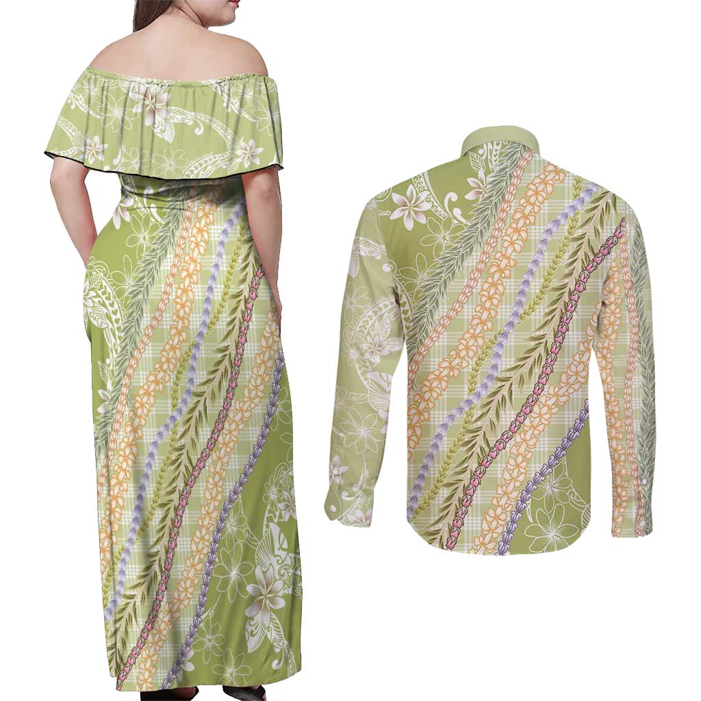 Green Palaka Hawaii Leis Couples Matching Off Shoulder Maxi Dress and Long Sleeve Button Shirt Hawaiian-plaid Elegant Tropical Vibes LT14 - Polynesian Pride