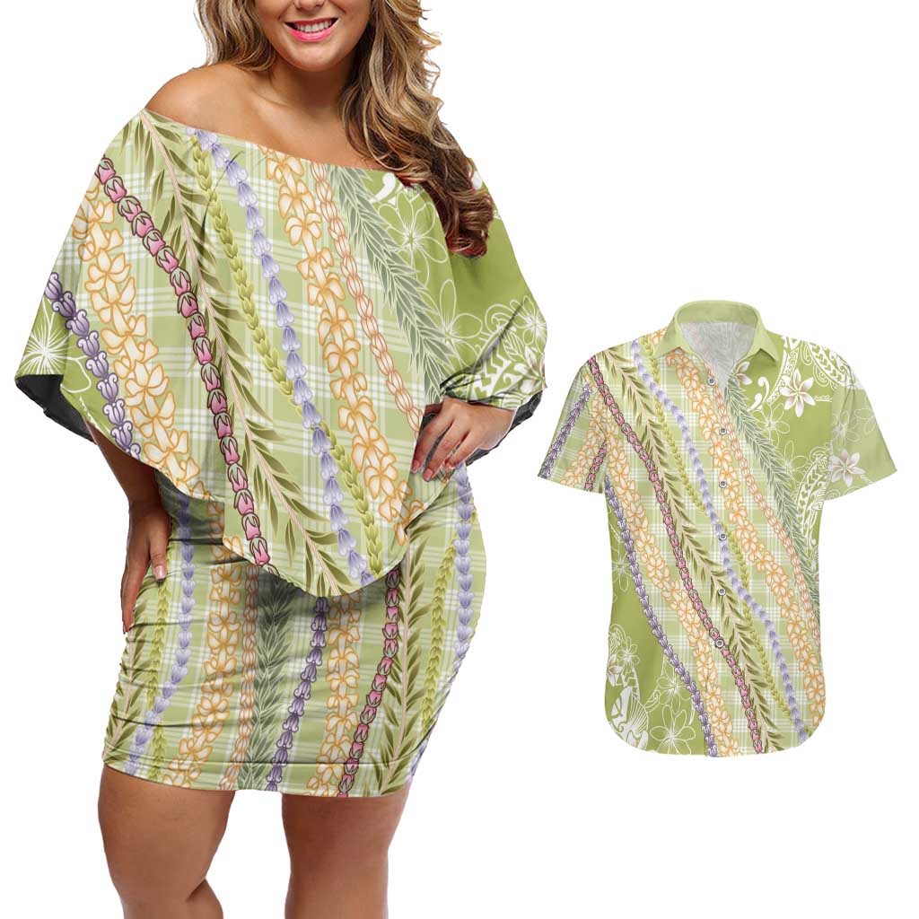 Green Palaka Hawaii Leis Couples Matching Off Shoulder Short Dress and Hawaiian Shirt Hawaiian-plaid Elegant Tropical Vibes LT14 Green - Polynesian Pride