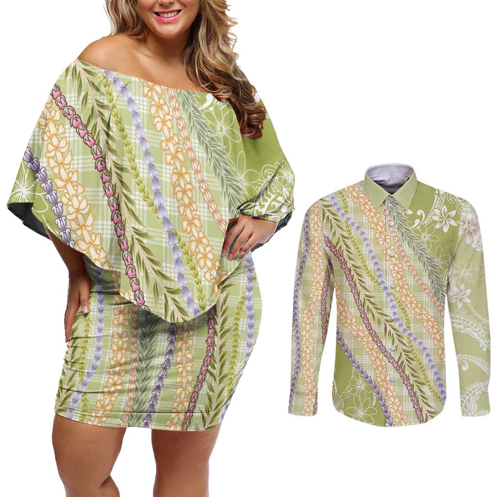 Green Palaka Hawaii Leis Couples Matching Off Shoulder Short Dress and Long Sleeve Button Shirt Hawaiian-plaid Elegant Tropical Vibes LT14 Green - Polynesian Pride