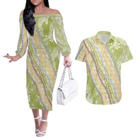 Green Palaka Hawaii Leis Couples Matching Off The Shoulder Long Sleeve Dress and Hawaiian Shirt Hawaiian-plaid Elegant Tropical Vibes LT14 Green - Polynesian Pride