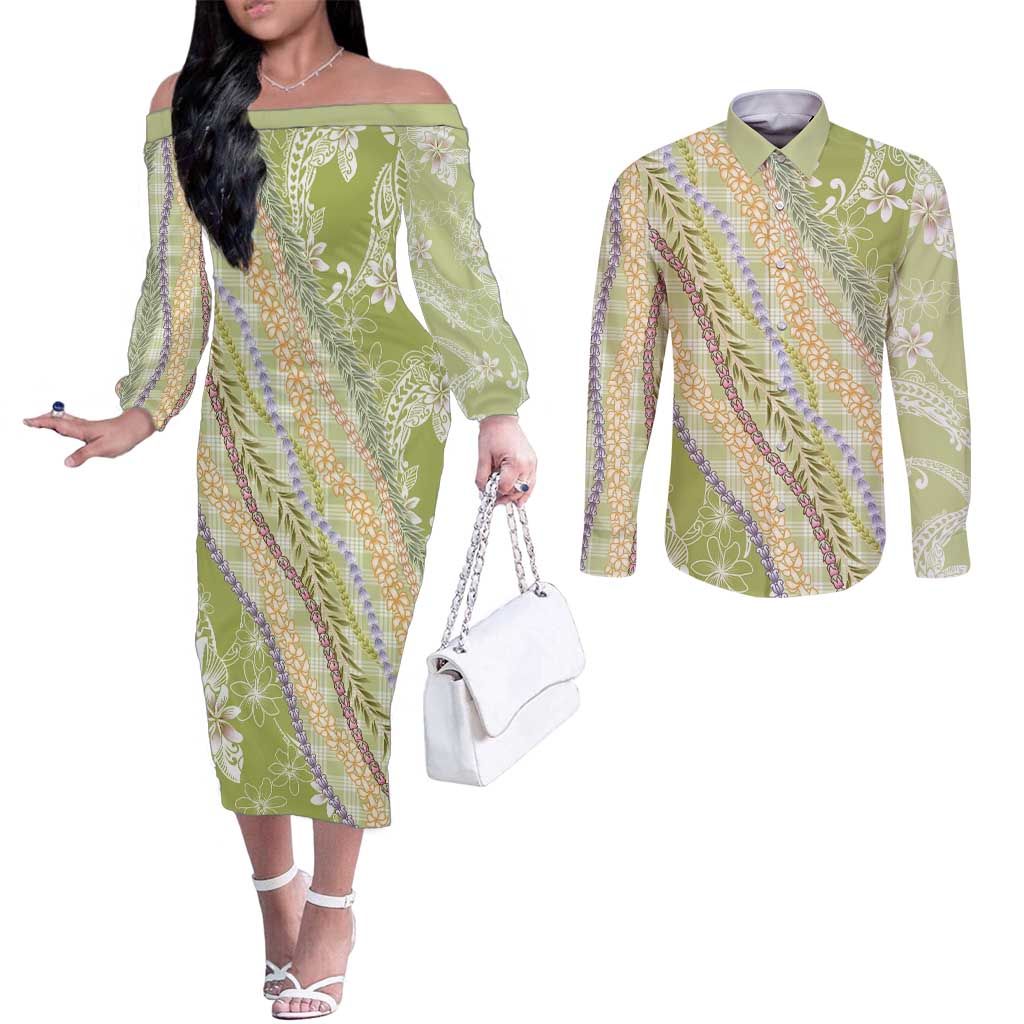 Green Palaka Hawaii Leis Couples Matching Off The Shoulder Long Sleeve Dress and Long Sleeve Button Shirt Hawaiian-plaid Elegant Tropical Vibes LT14 Green - Polynesian Pride