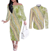 Green Palaka Hawaii Leis Couples Matching Off The Shoulder Long Sleeve Dress and Long Sleeve Button Shirt Hawaiian-plaid Elegant Tropical Vibes LT14 Green - Polynesian Pride