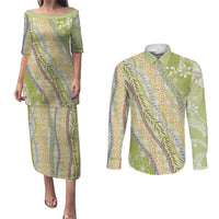 Green Palaka Hawaii Leis Couples Matching Puletasi and Long Sleeve Button Shirt Hawaiian-plaid Elegant Tropical Vibes LT14 Green - Polynesian Pride