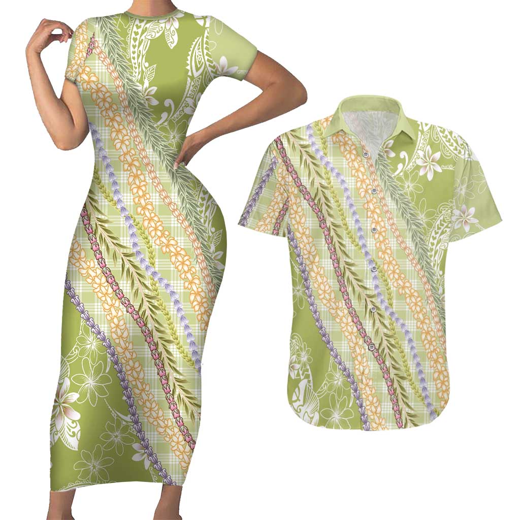 Green Palaka Hawaii Leis Couples Matching Short Sleeve Bodycon Dress and Hawaiian Shirt Hawaiian-plaid Elegant Tropical Vibes LT14 Green - Polynesian Pride