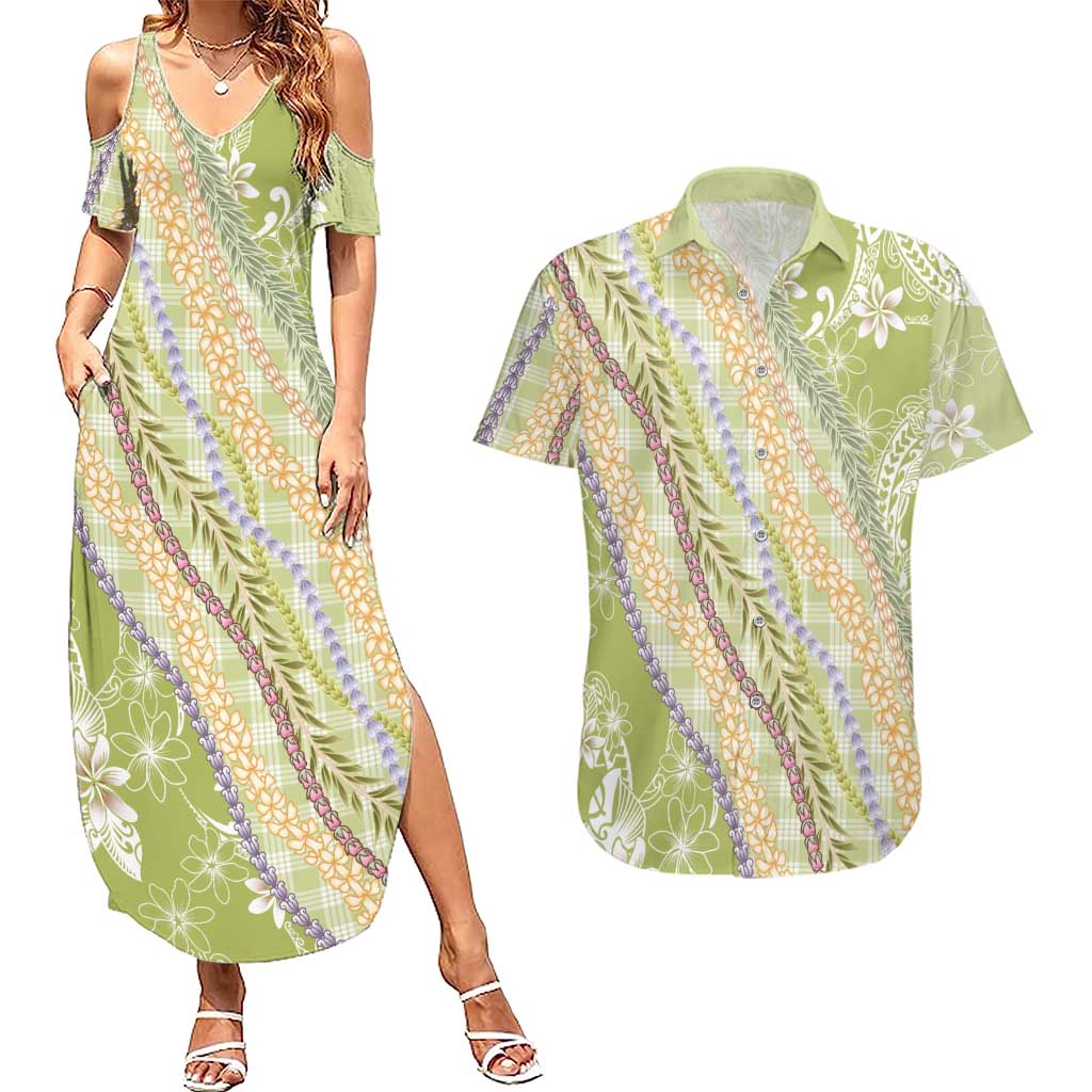 Green Palaka Hawaii Leis Couples Matching Summer Maxi Dress and Hawaiian Shirt Hawaiian-plaid Elegant Tropical Vibes LT14 Green - Polynesian Pride
