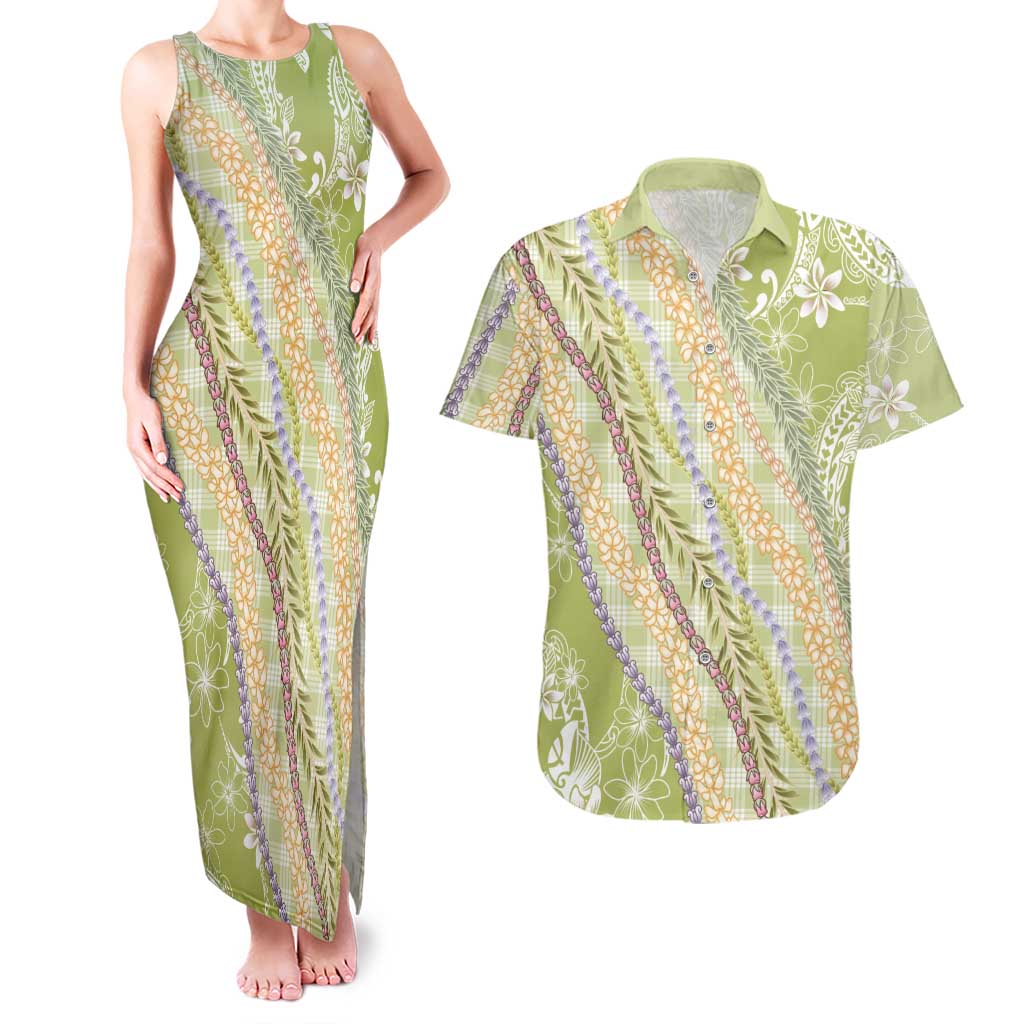 Green Palaka Hawaii Leis Couples Matching Tank Maxi Dress and Hawaiian Shirt Hawaiian-plaid Elegant Tropical Vibes LT14 Green - Polynesian Pride