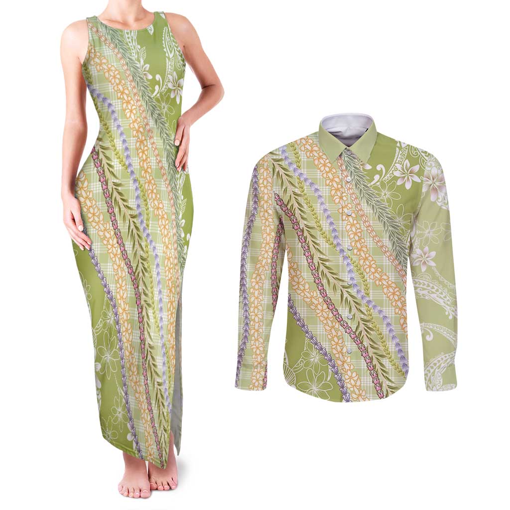 Green Palaka Hawaii Leis Couples Matching Tank Maxi Dress and Long Sleeve Button Shirt Hawaiian-plaid Elegant Tropical Vibes LT14 Green - Polynesian Pride