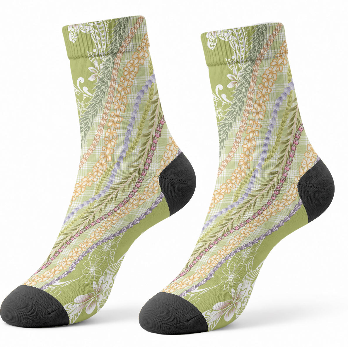Green Palaka Hawaii Leis Crew Socks Hawaiian-plaid Elegant Tropical Vibes LT14 - Polynesian Pride