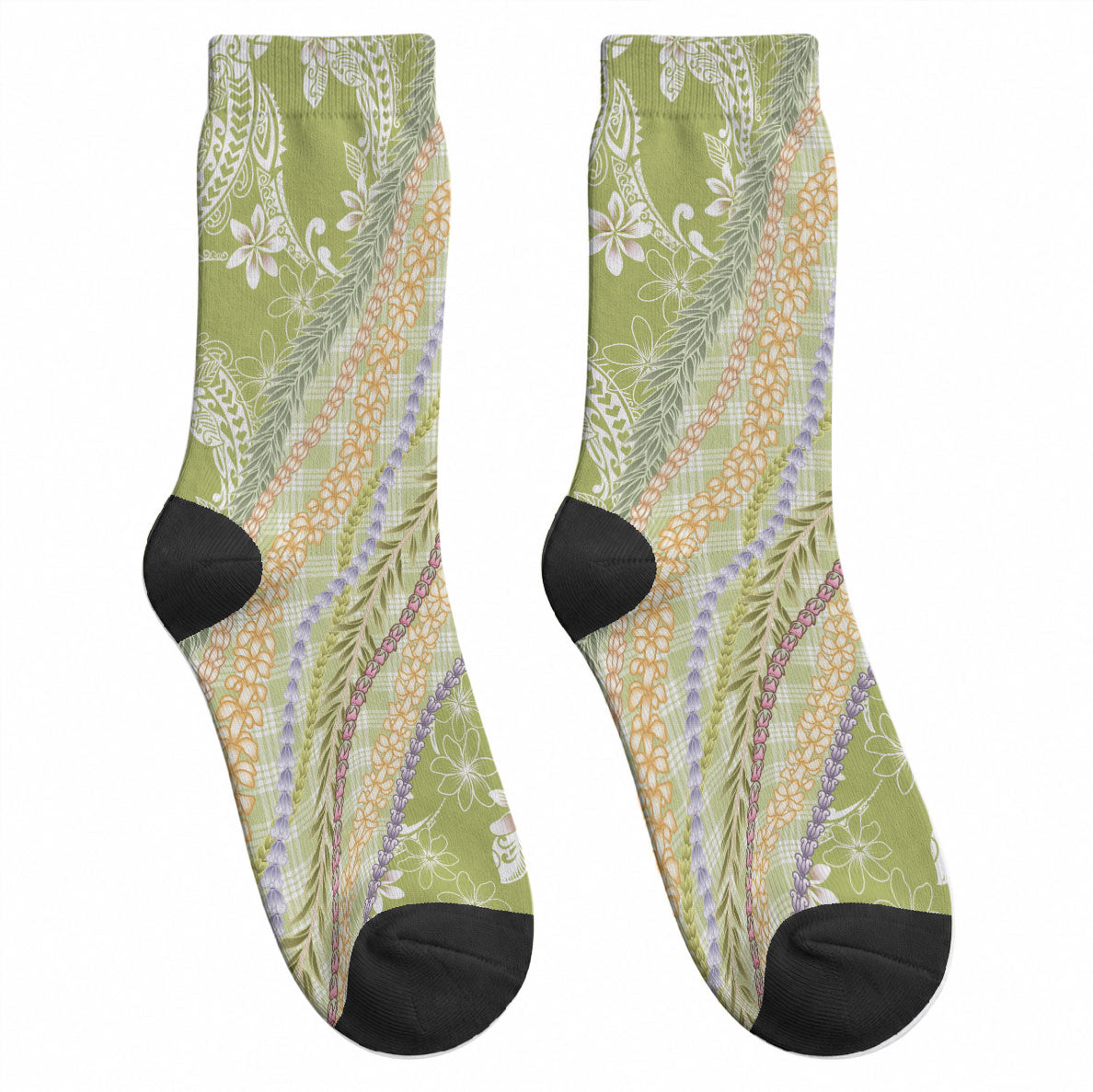 Green Palaka Hawaii Leis Crew Socks Hawaiian-plaid Elegant Tropical Vibes LT14 - Polynesian Pride