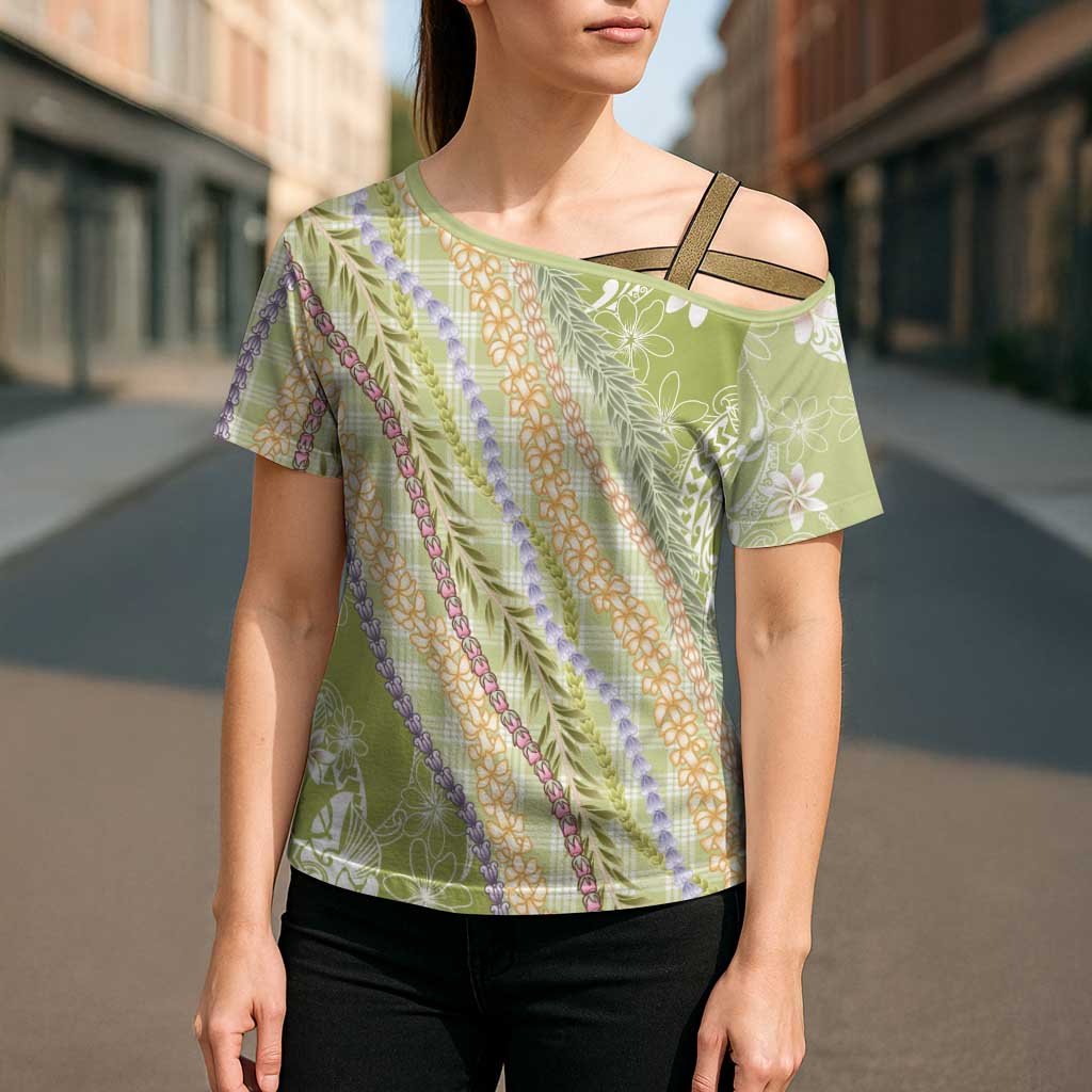 Green Palaka Hawaii Leis Cross Shoulder Shirt Hawaiian-plaid Elegant Tropical Vibes - Polynesian Pride