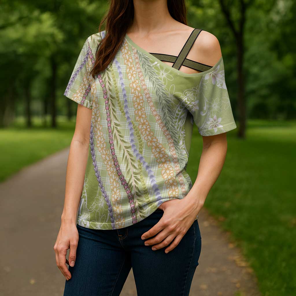 Green Palaka Hawaii Leis Cross Shoulder Shirt Hawaiian-plaid Elegant Tropical Vibes - Polynesian Pride