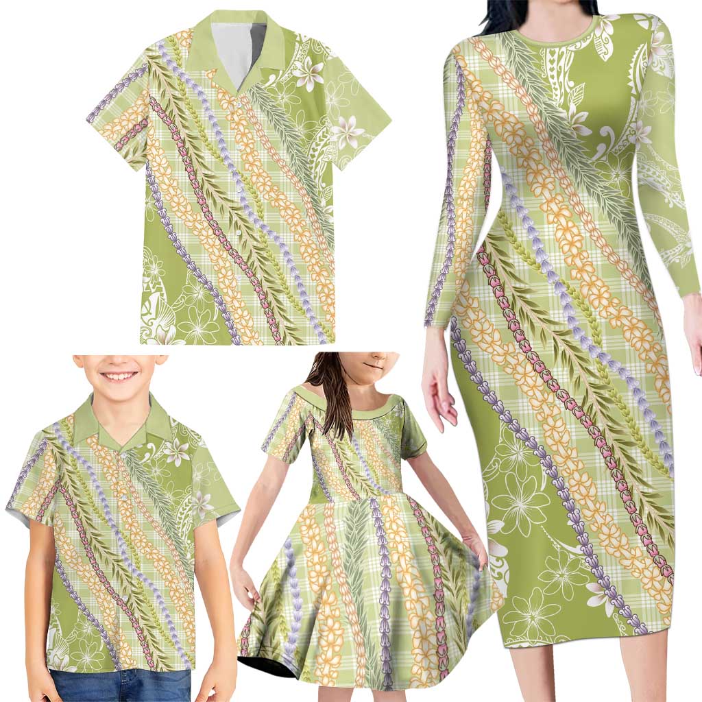 Green Palaka Hawaii Leis Family Matching Long Sleeve Bodycon Dress and Hawaiian Shirt Hawaiian-plaid Elegant Tropical Vibes LT14 - Polynesian Pride