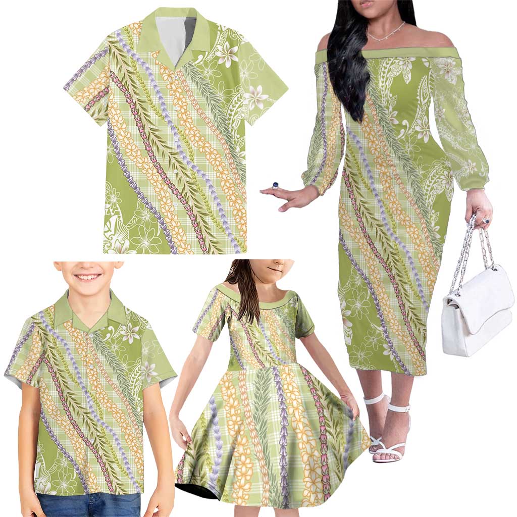 Green Palaka Hawaii Leis Family Matching Off The Shoulder Long Sleeve Dress and Hawaiian Shirt Hawaiian-plaid Elegant Tropical Vibes - Polynesian Pride