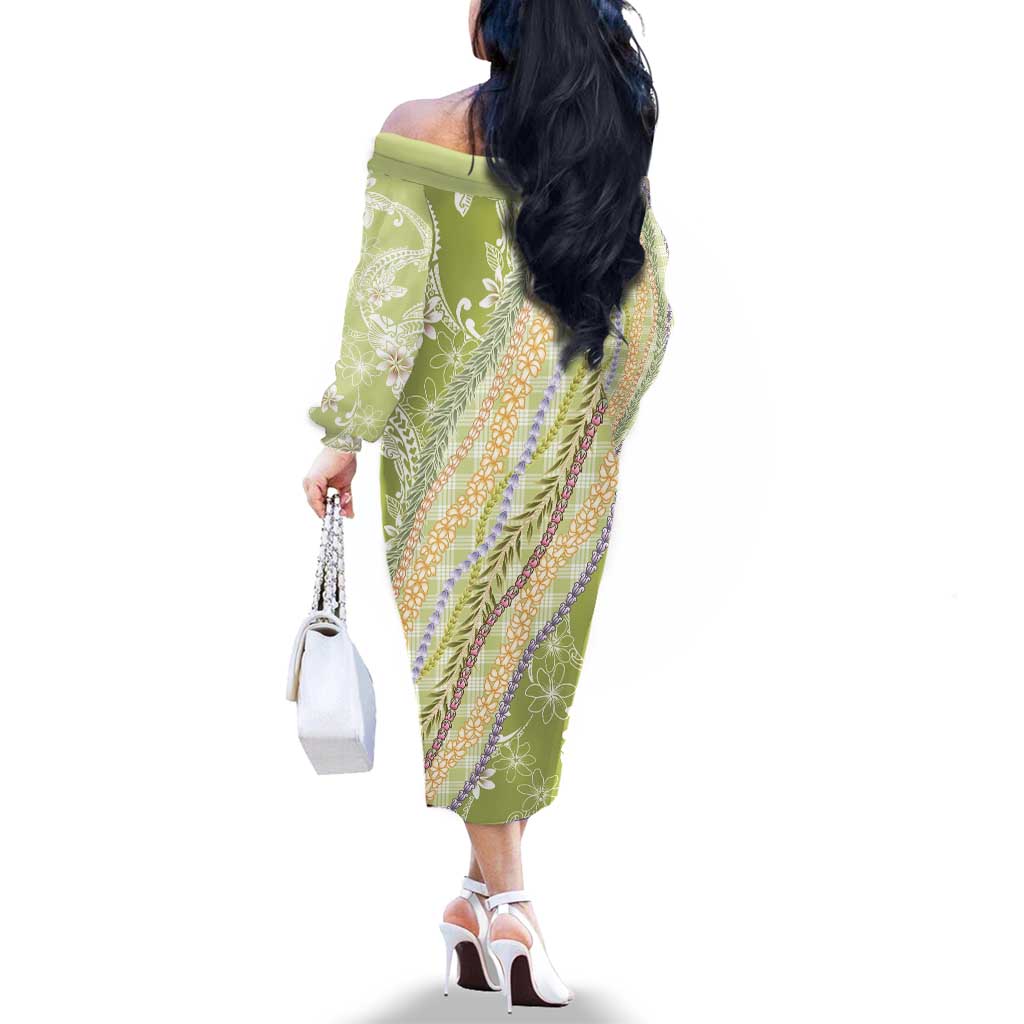 Green Palaka Hawaii Leis Family Matching Off The Shoulder Long Sleeve Dress and Hawaiian Shirt Hawaiian-plaid Elegant Tropical Vibes LT14 - Polynesian Pride