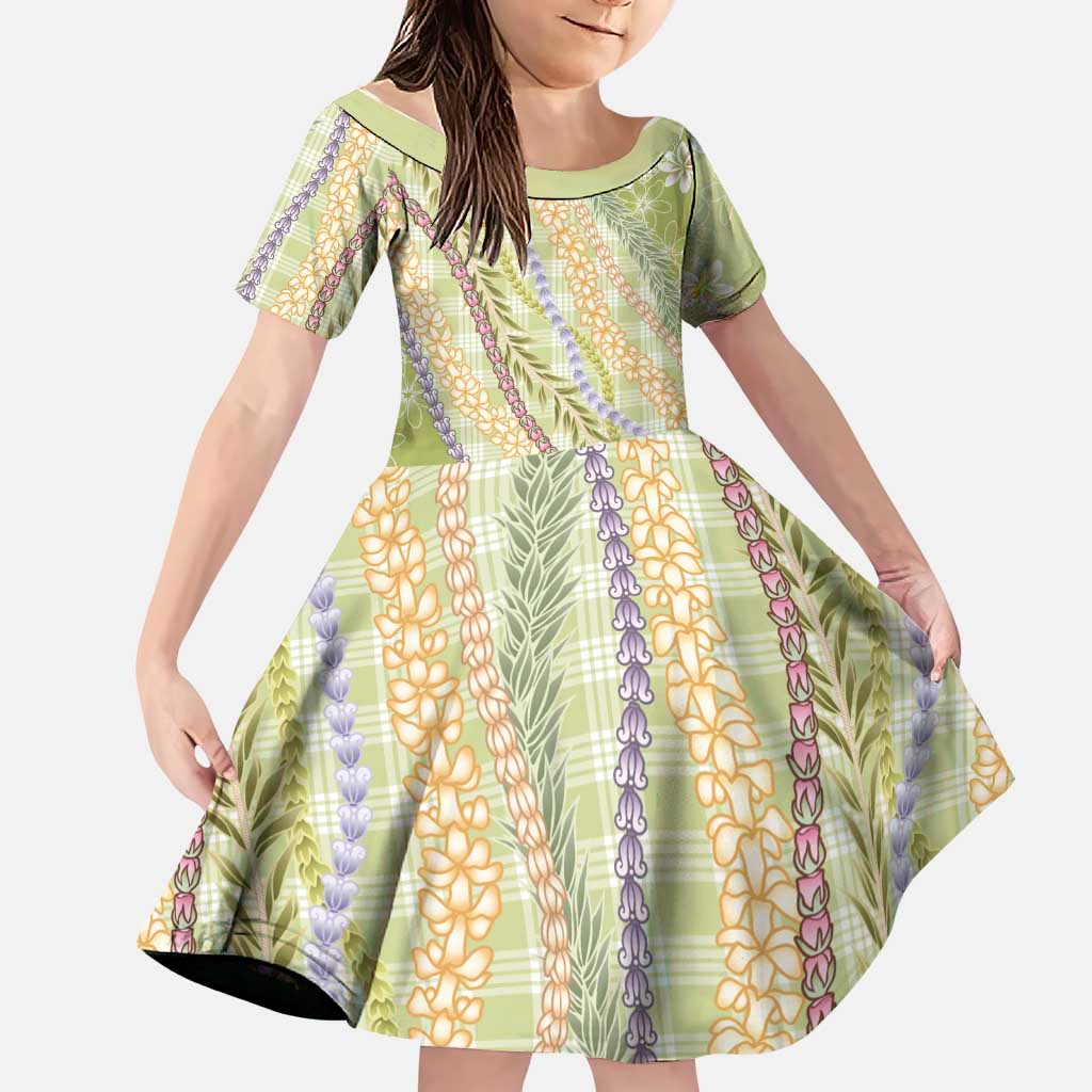 Green Palaka Hawaii Leis Family Matching Off Shoulder Maxi Dress and Hawaiian Shirt Hawaiian-plaid Elegant Tropical Vibes LT14 Daughter's Dress Green - Polynesian Pride