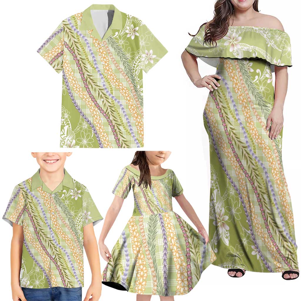 Green Palaka Hawaii Leis Family Matching Off Shoulder Maxi Dress and Hawaiian Shirt Hawaiian-plaid Elegant Tropical Vibes LT14 - Polynesian Pride