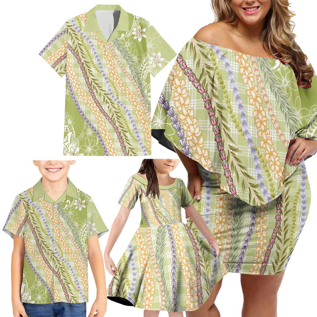 Green Palaka Hawaii Leis Family Matching Off Shoulder Short Dress and Hawaiian Shirt Hawaiian-plaid Elegant Tropical Vibes - Polynesian Pride
