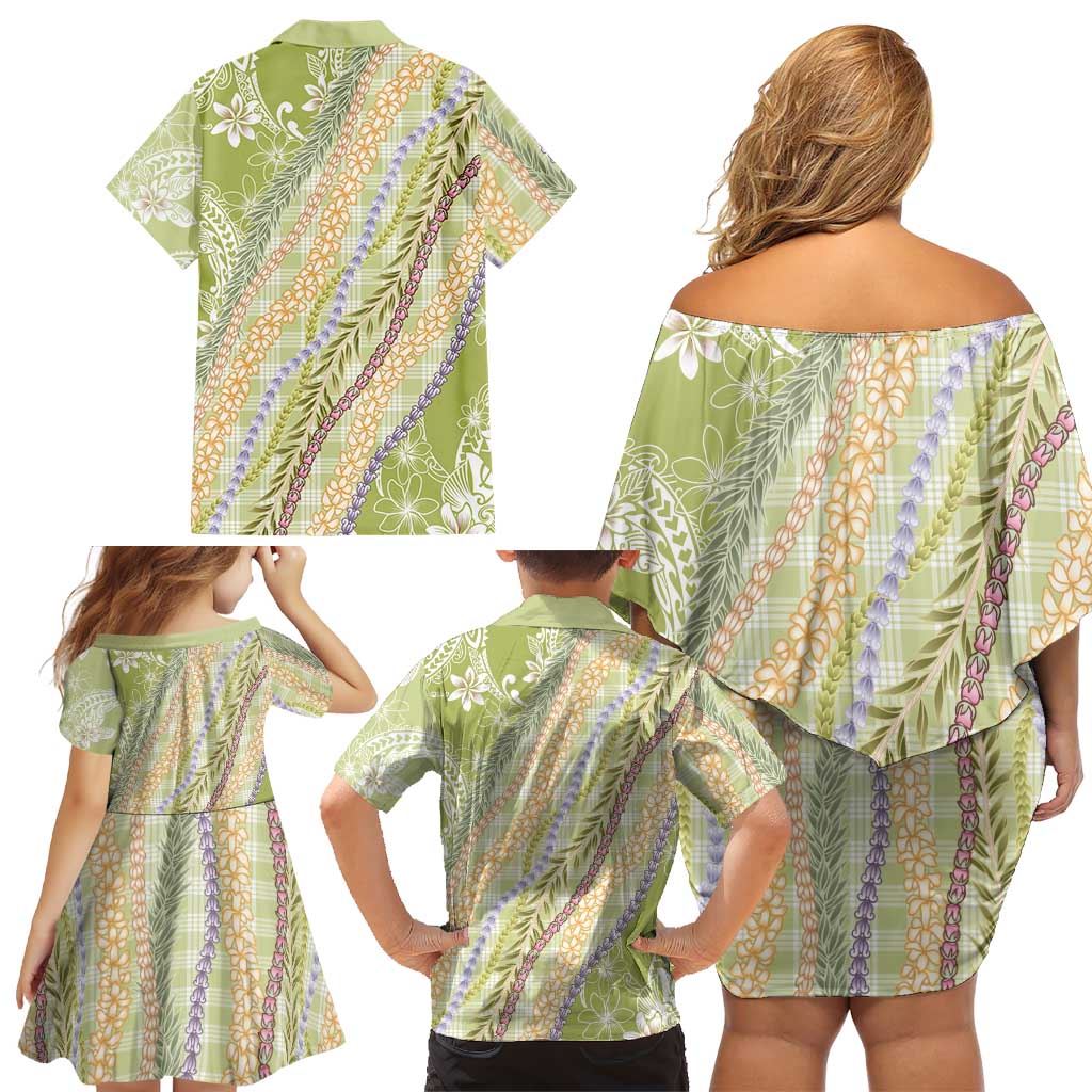 Green Palaka Hawaii Leis Family Matching Off Shoulder Short Dress and Hawaiian Shirt Hawaiian-plaid Elegant Tropical Vibes LT14 - Polynesian Pride