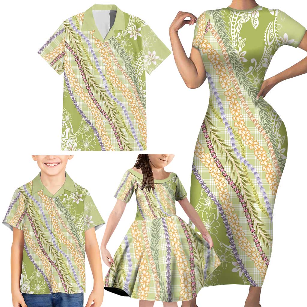Green Palaka Hawaii Leis Family Matching Short Sleeve Bodycon Dress and Hawaiian Shirt Hawaiian-plaid Elegant Tropical Vibes LT14 - Polynesian Pride