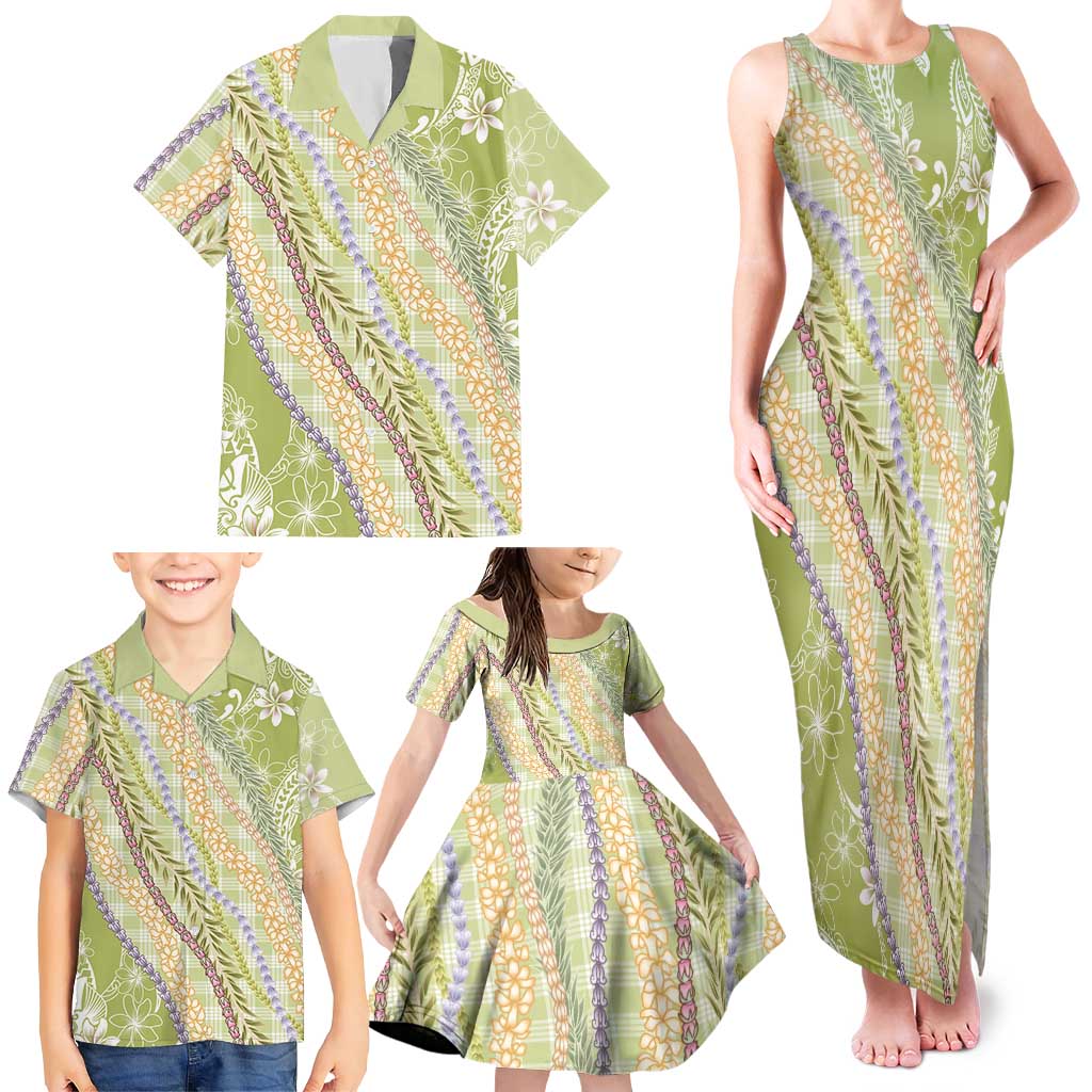 Green Palaka Hawaii Leis Family Matching Tank Maxi Dress and Hawaiian Shirt Hawaiian-plaid Elegant Tropical Vibes - Polynesian Pride