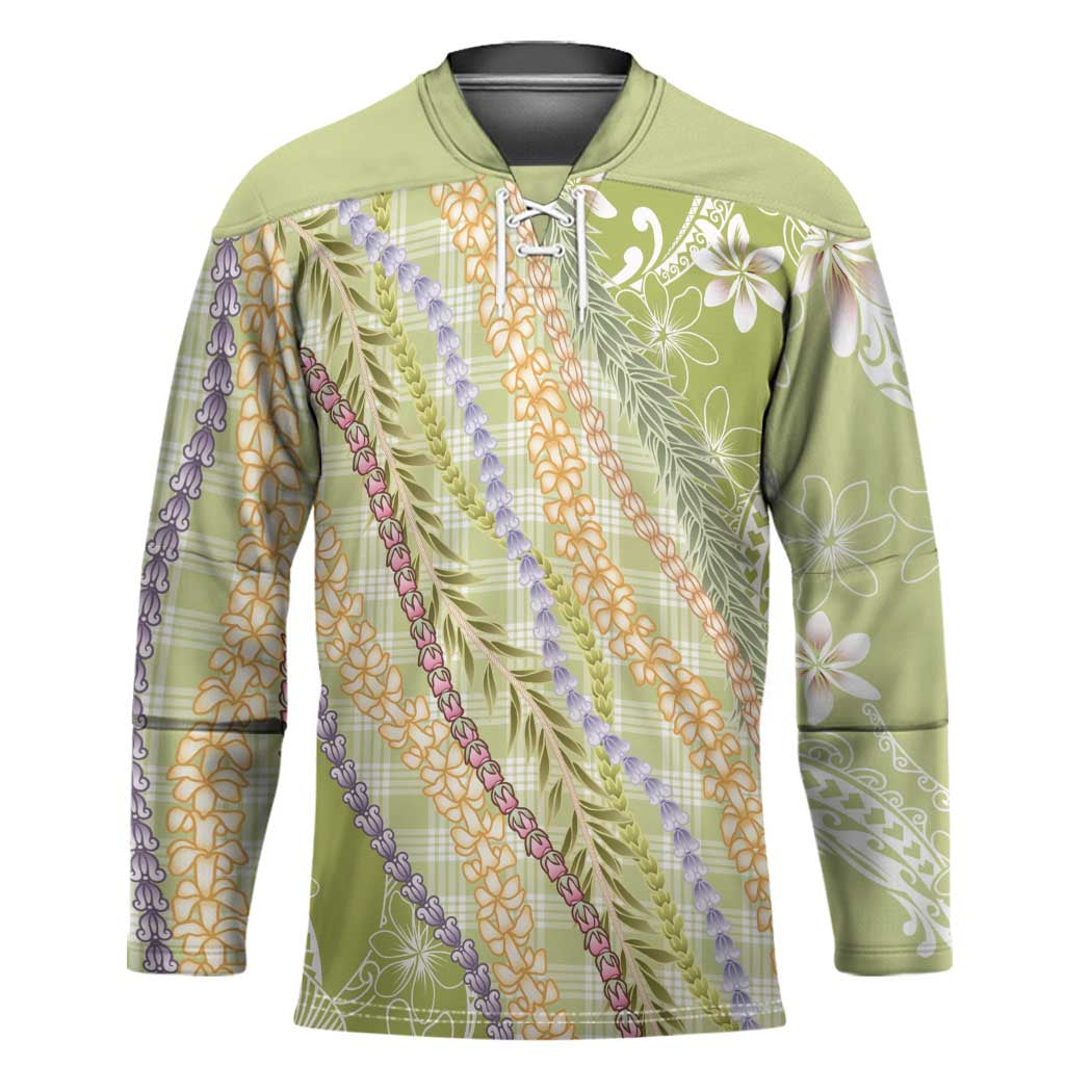 Green Palaka Hawaii Leis Hockey Jersey Hawaiian-plaid Elegant Tropical Vibes - Polynesian Pride