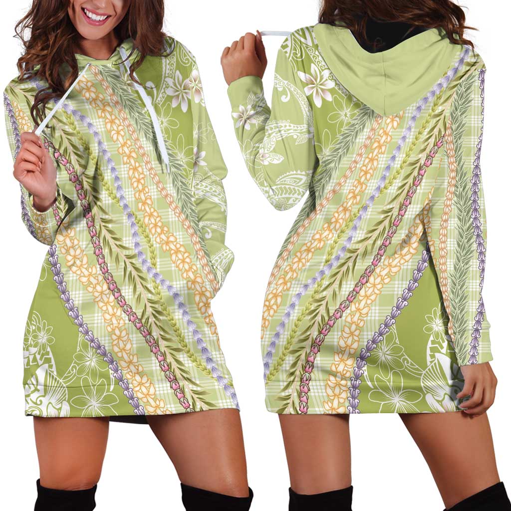 Green Palaka Hawaii Leis Hoodie Dress Hawaiian-plaid Elegant Tropical Vibes LT14 - Polynesian Pride