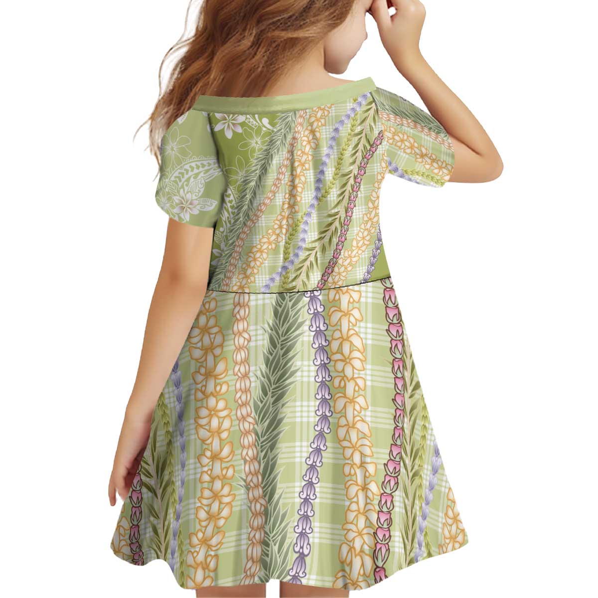 Green Palaka Hawaii Leis Kid Short Sleeve Dress Hawaiian-plaid Elegant Tropical Vibes - Polynesian Pride