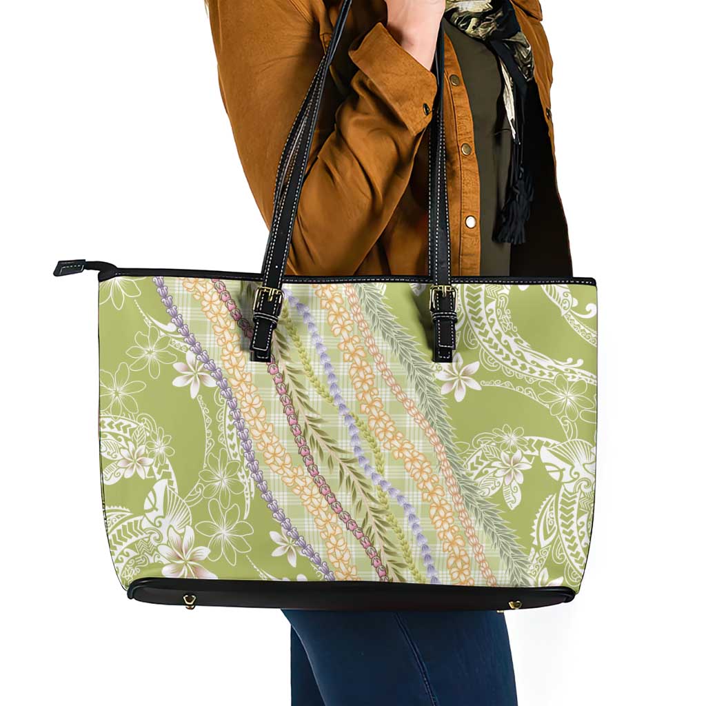 Green Palaka Hawaii Leis Leather Tote Bag Hawaiian-plaid Elegant Tropical Vibes - Polynesian Pride