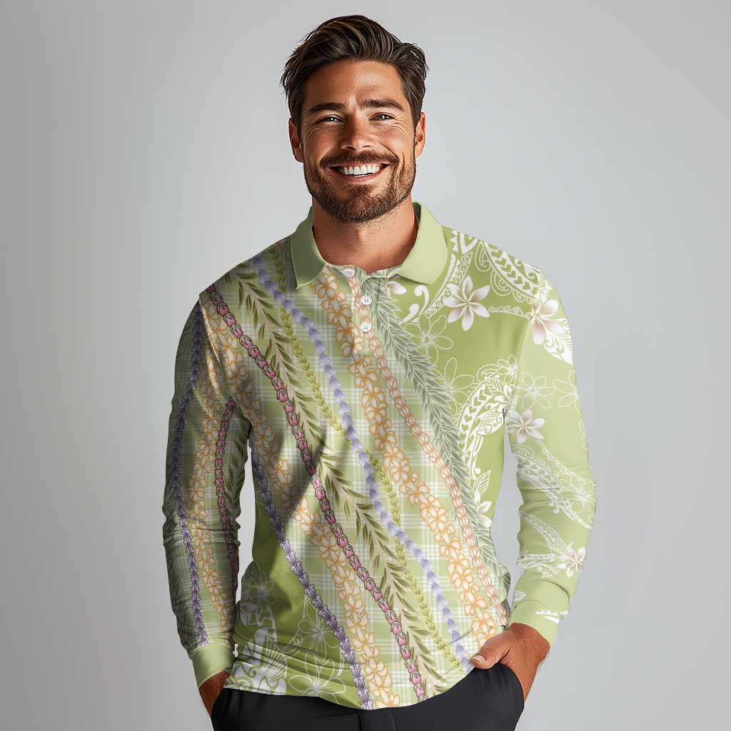 Green Palaka Hawaii Leis Long Sleeve Polo Shirt Hawaiian-plaid Elegant Tropical Vibes LT14 - Polynesian Pride
