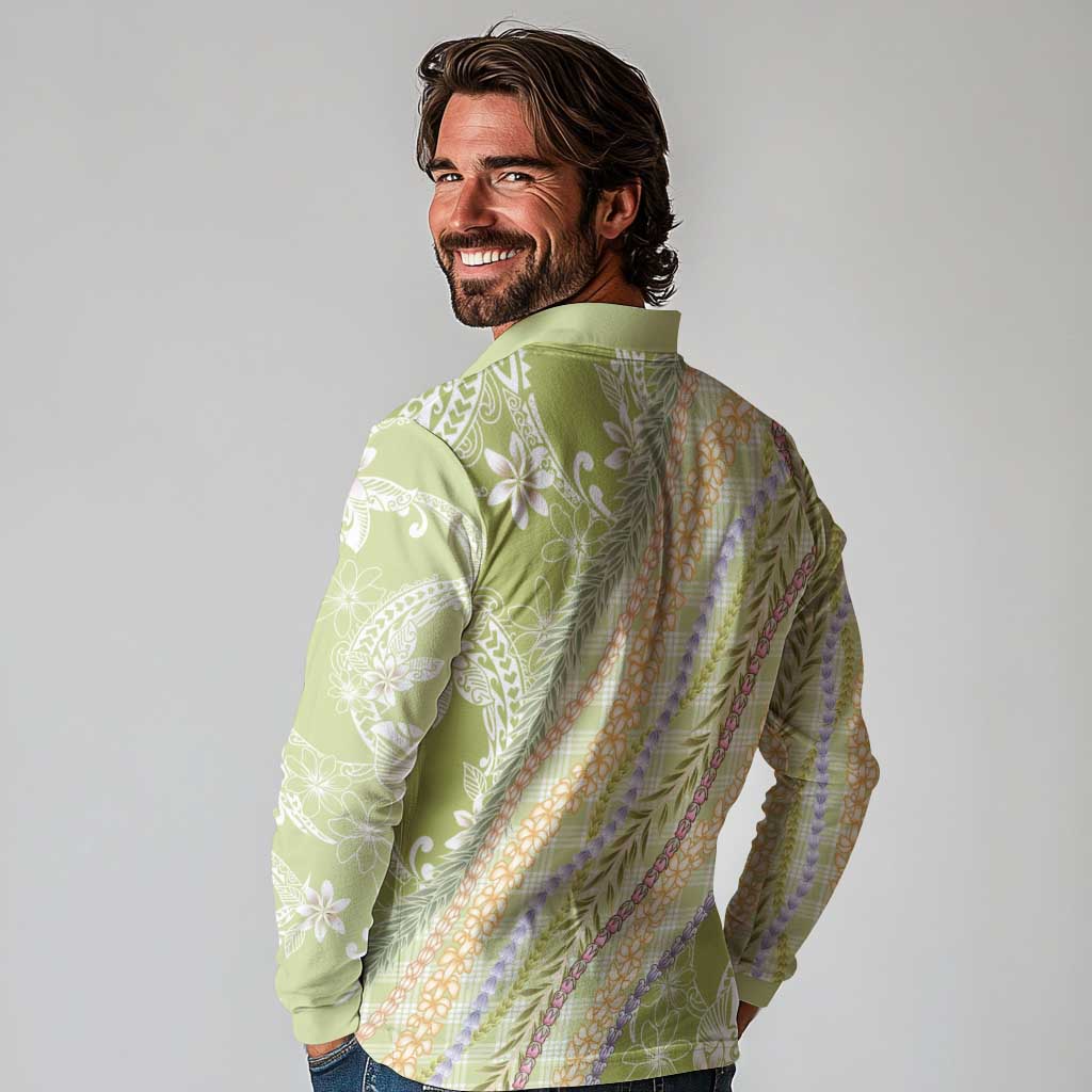 Green Palaka Hawaii Leis Long Sleeve Polo Shirt Hawaiian-plaid Elegant Tropical Vibes LT14 - Polynesian Pride