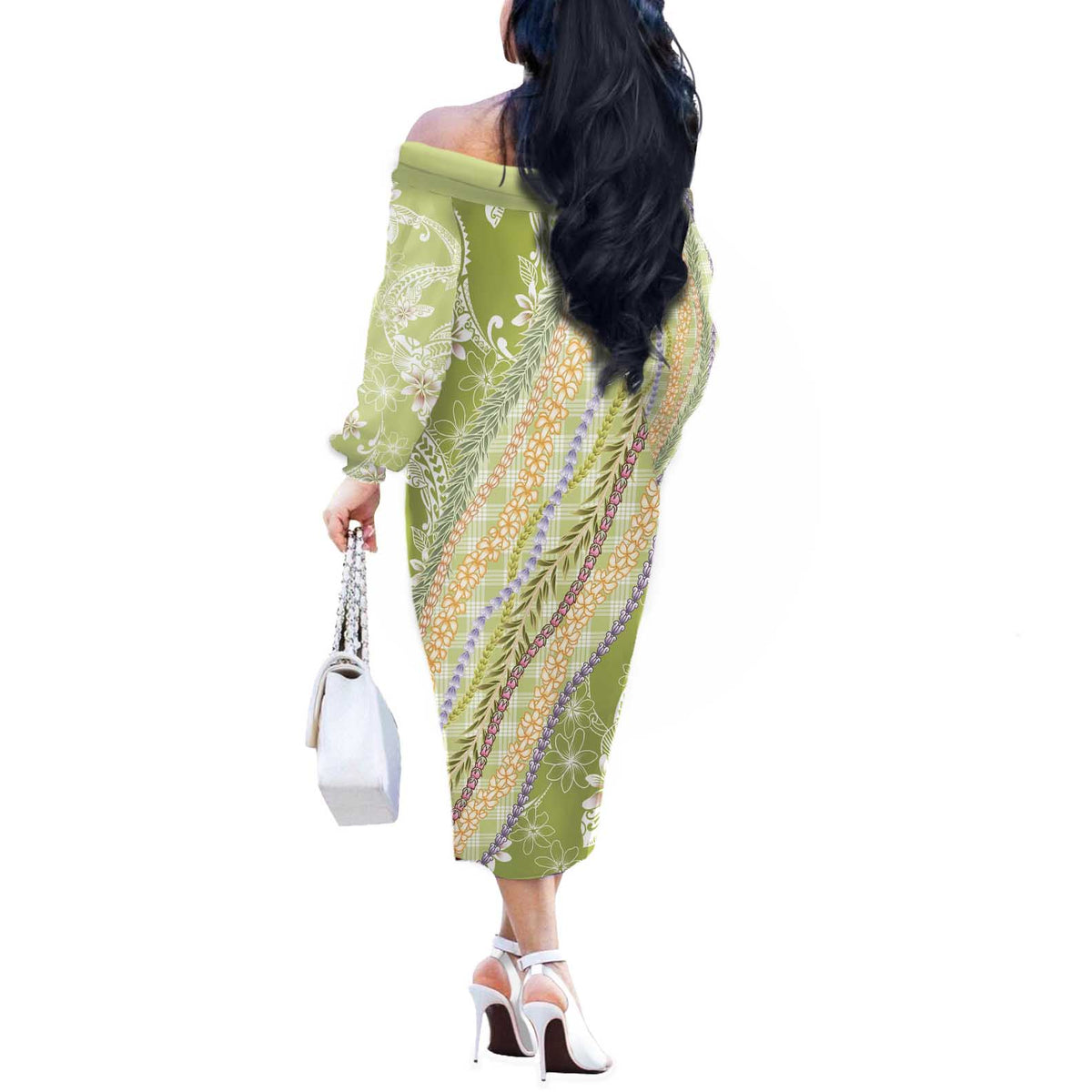 Green Palaka Hawaii Leis Off The Shoulder Long Sleeve Dress Hawaiian-plaid Elegant Tropical Vibes LT14 - Polynesian Pride