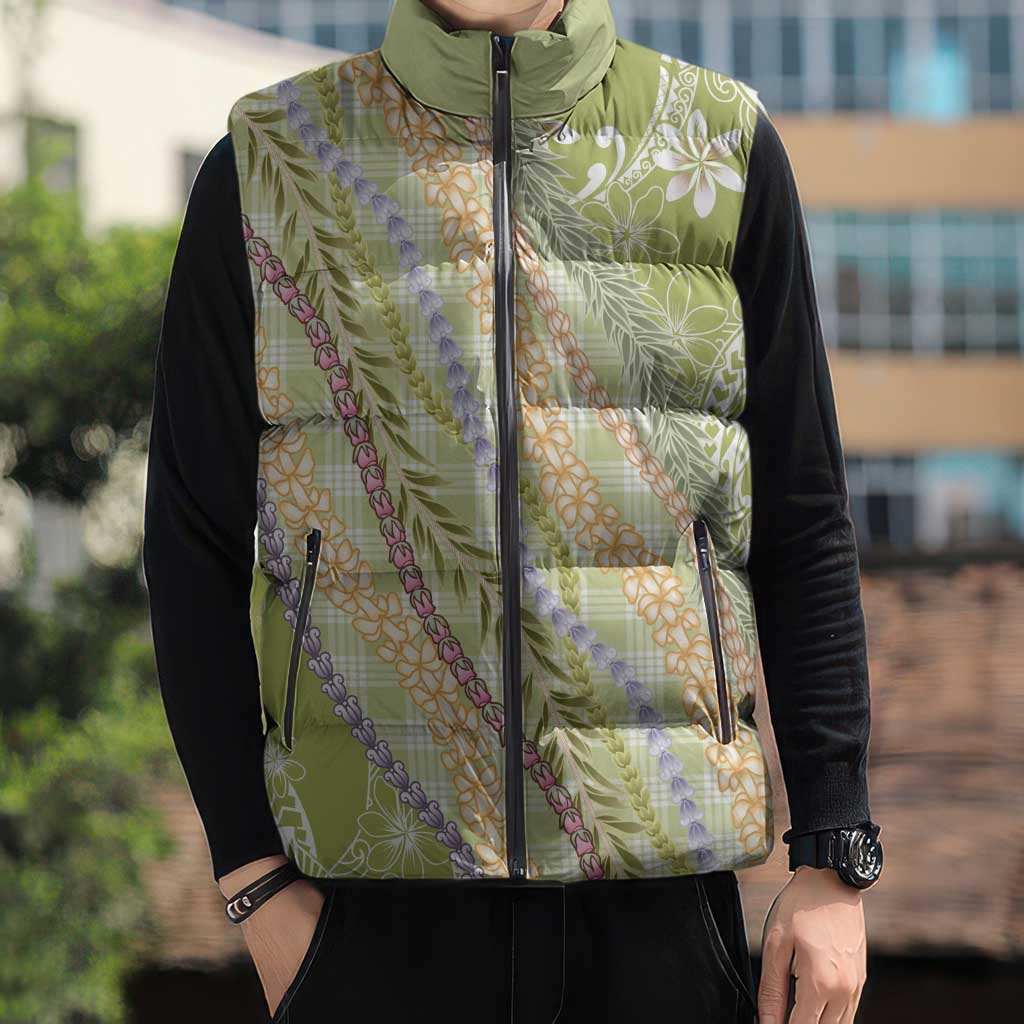 Green Palaka Hawaii Leis Sleeveless Puffer Jacket Hawaiian-plaid Elegant Tropical Vibes - Polynesian Pride