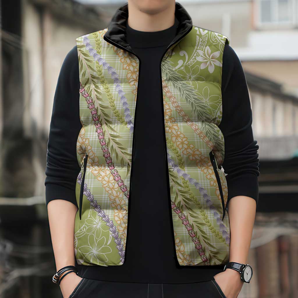 Green Palaka Hawaii Leis Sleeveless Puffer Jacket Hawaiian-plaid Elegant Tropical Vibes - Polynesian Pride