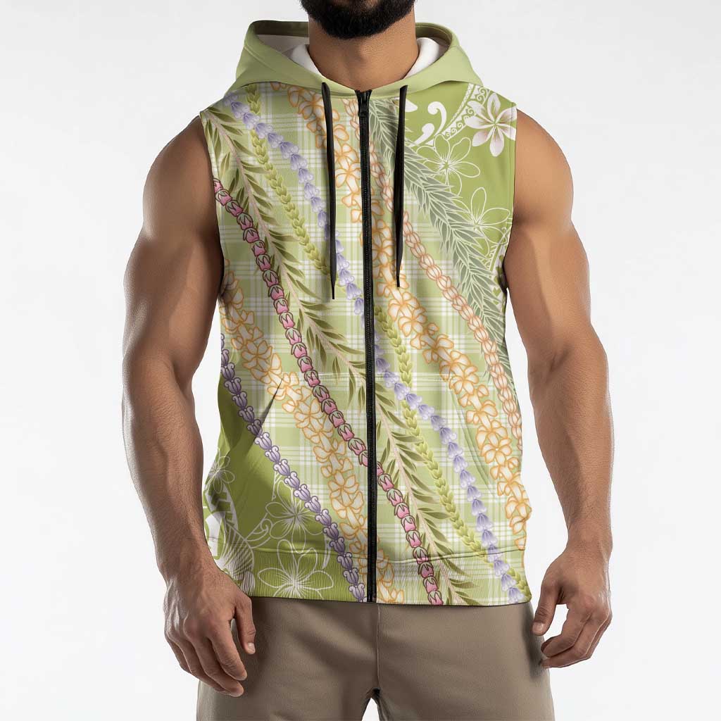 Green Palaka Hawaii Leis Sleeveless Zip Hoodie Hawaiian-plaid Elegant Tropical Vibes - Polynesian Pride