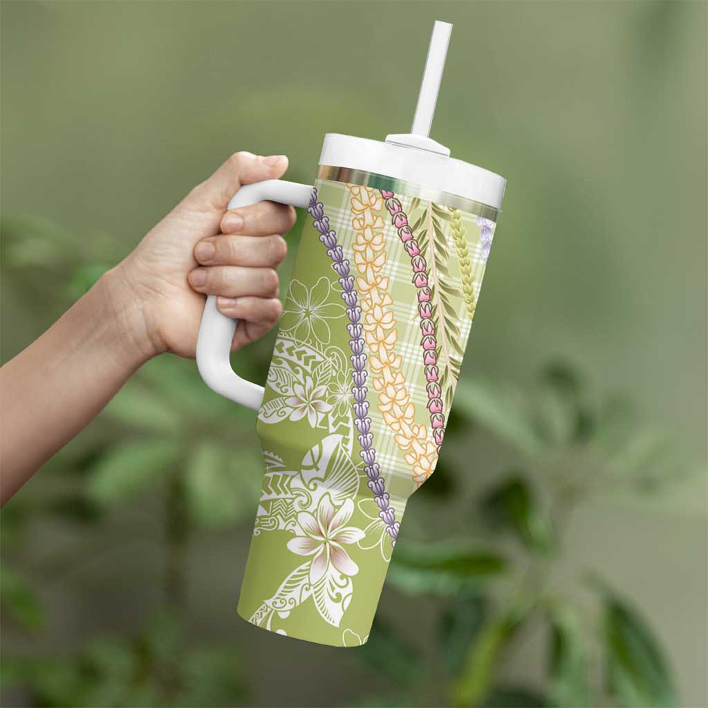 Green Palaka Hawaii Leis Tumbler With Handle Hawaiian-plaid Elegant Tropical Vibes - Polynesian Pride