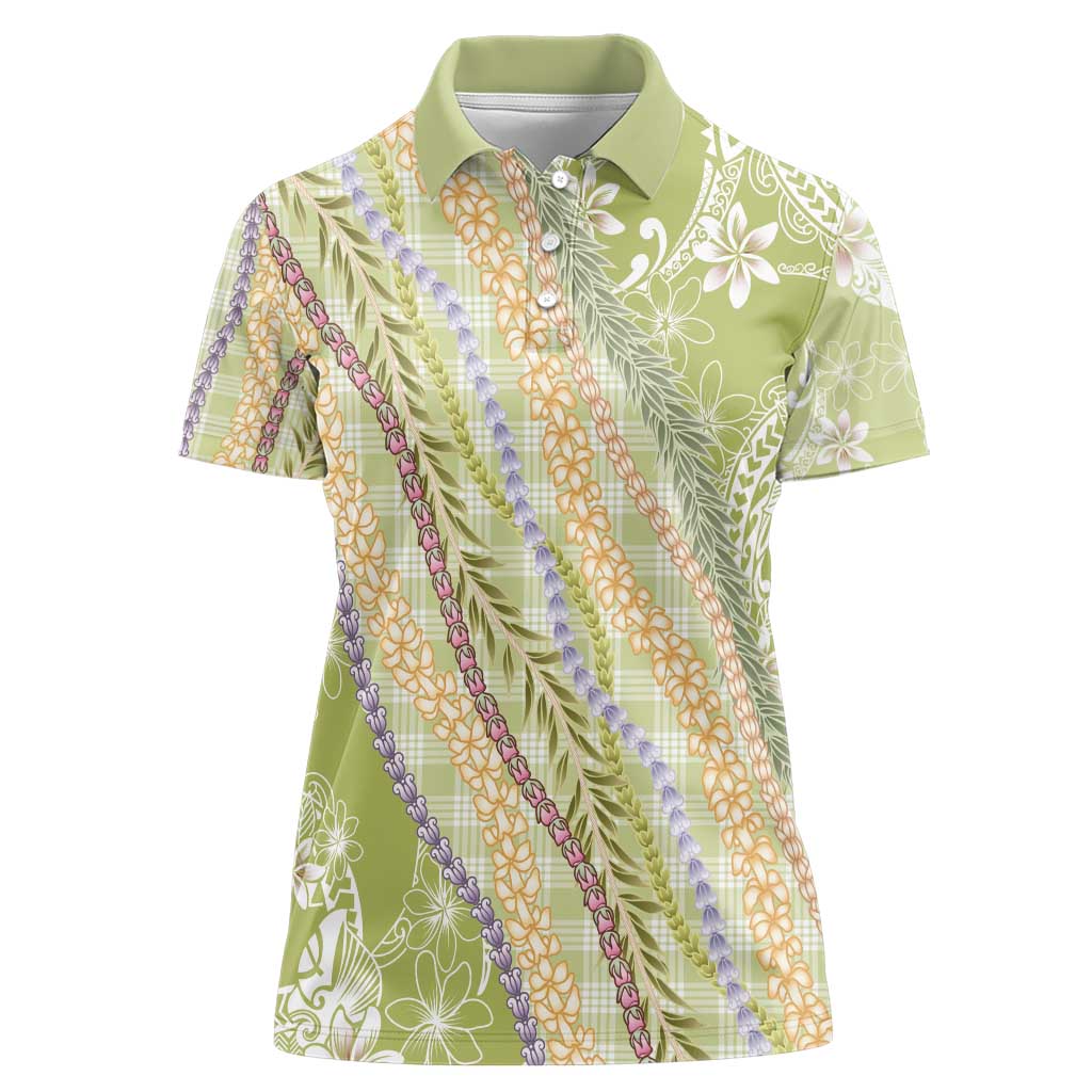 Green Palaka Hawaii Leis Women Polo Shirt Hawaiian-plaid Elegant Tropical Vibes - Polynesian Pride