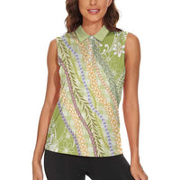 Green Palaka Hawaii Leis Women Sleeveless Polo Shirt - Hawaiian Plaid Elegant Tropical Vibes LT14 - Polynesian Pride