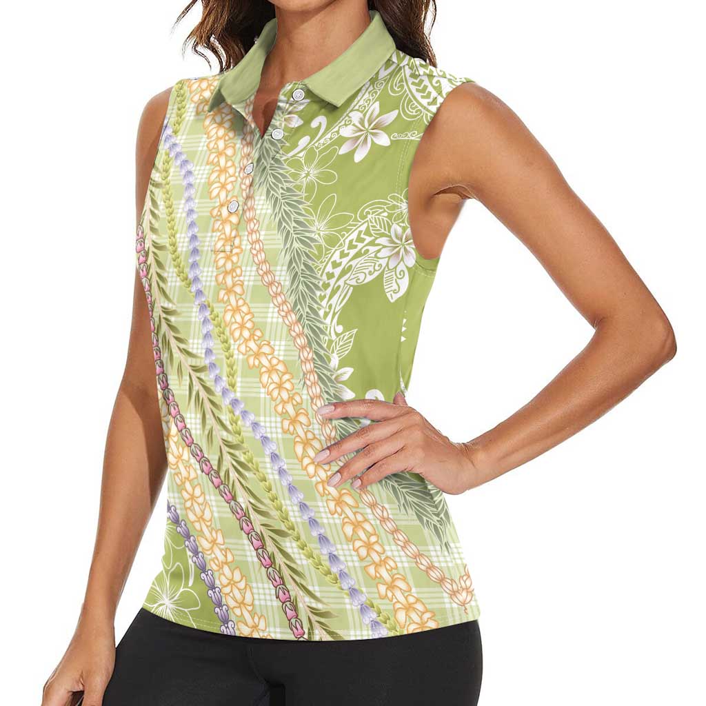 Green Palaka Hawaii Leis Women Sleeveless Polo Shirt - Hawaiian Plaid Elegant Tropical Vibes LT14 - Polynesian Pride