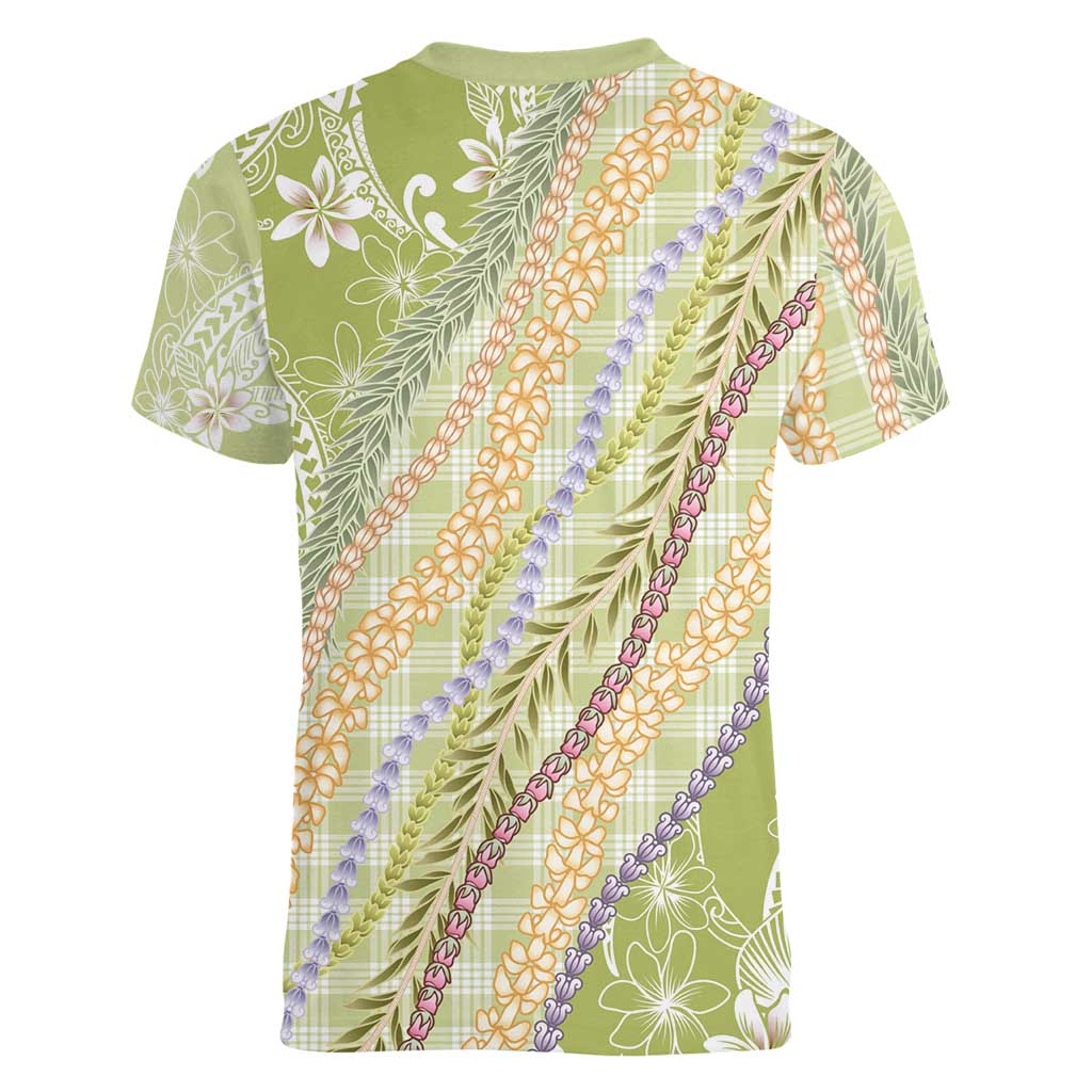 Green Palaka Hawaii Leis Women V-Neck T-Shirt Hawaiian-plaid Elegant Tropical Vibes LT14 - Polynesian Pride