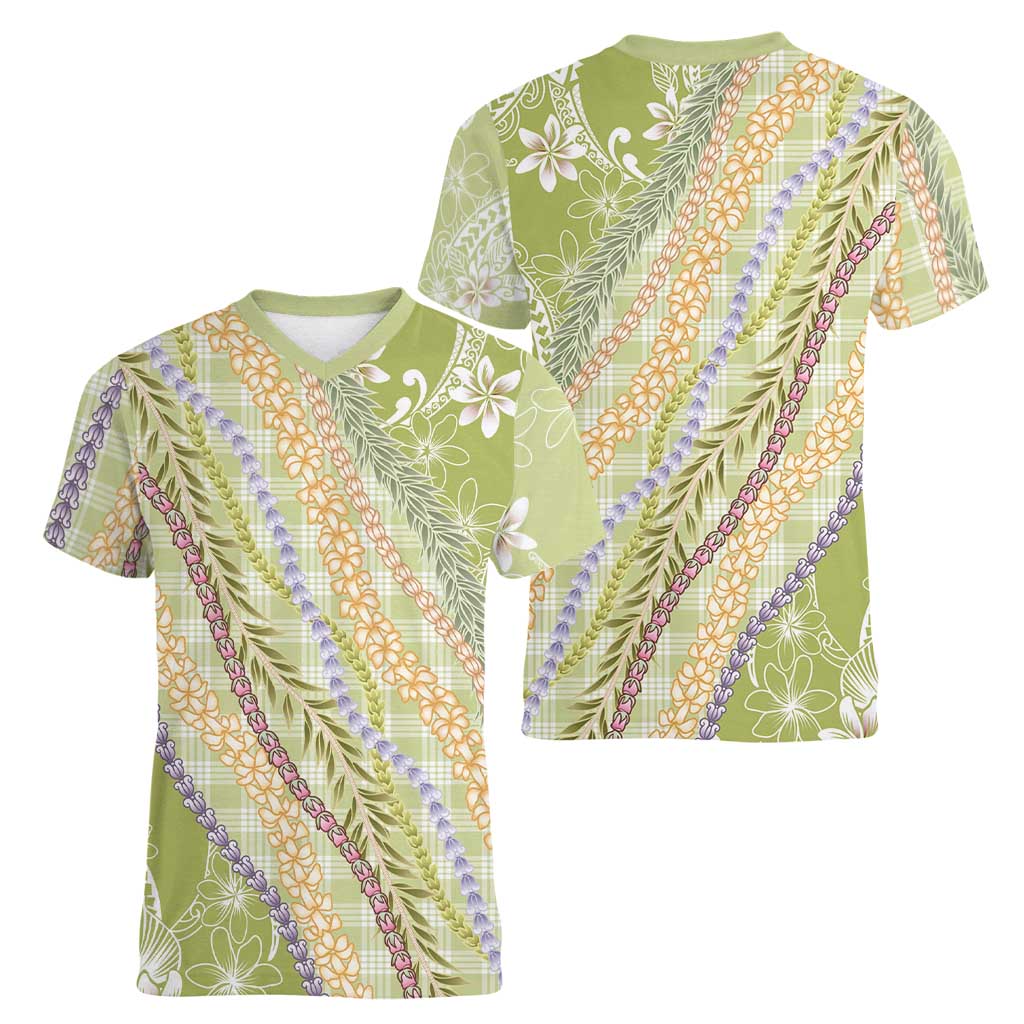 Green Palaka Hawaii Leis Women V-Neck T-Shirt Hawaiian-plaid Elegant Tropical Vibes LT14 - Polynesian Pride