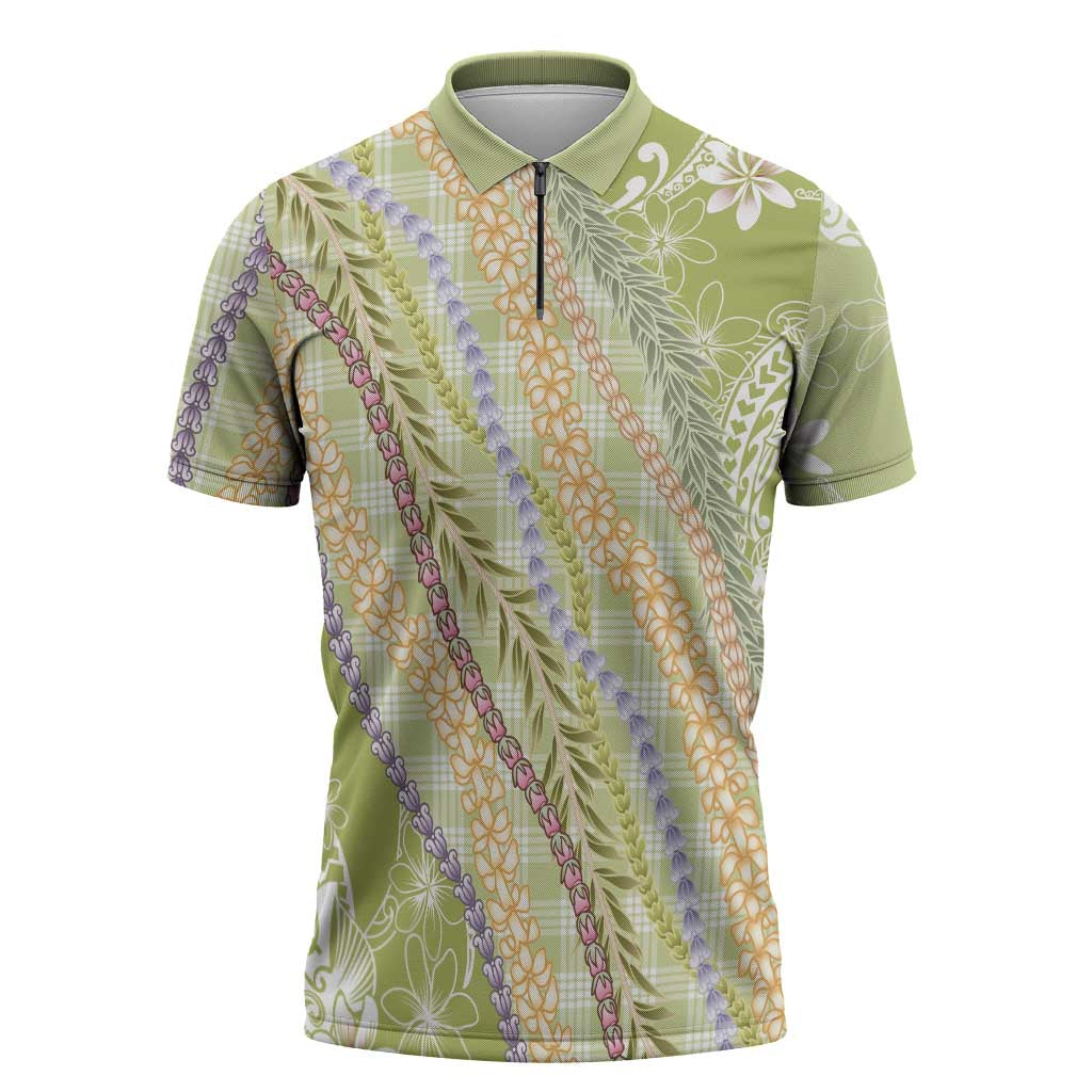 Green Palaka Hawaii Leis Zipper Polo Shirt Hawaiian-plaid Elegant Tropical Vibes - Polynesian Pride