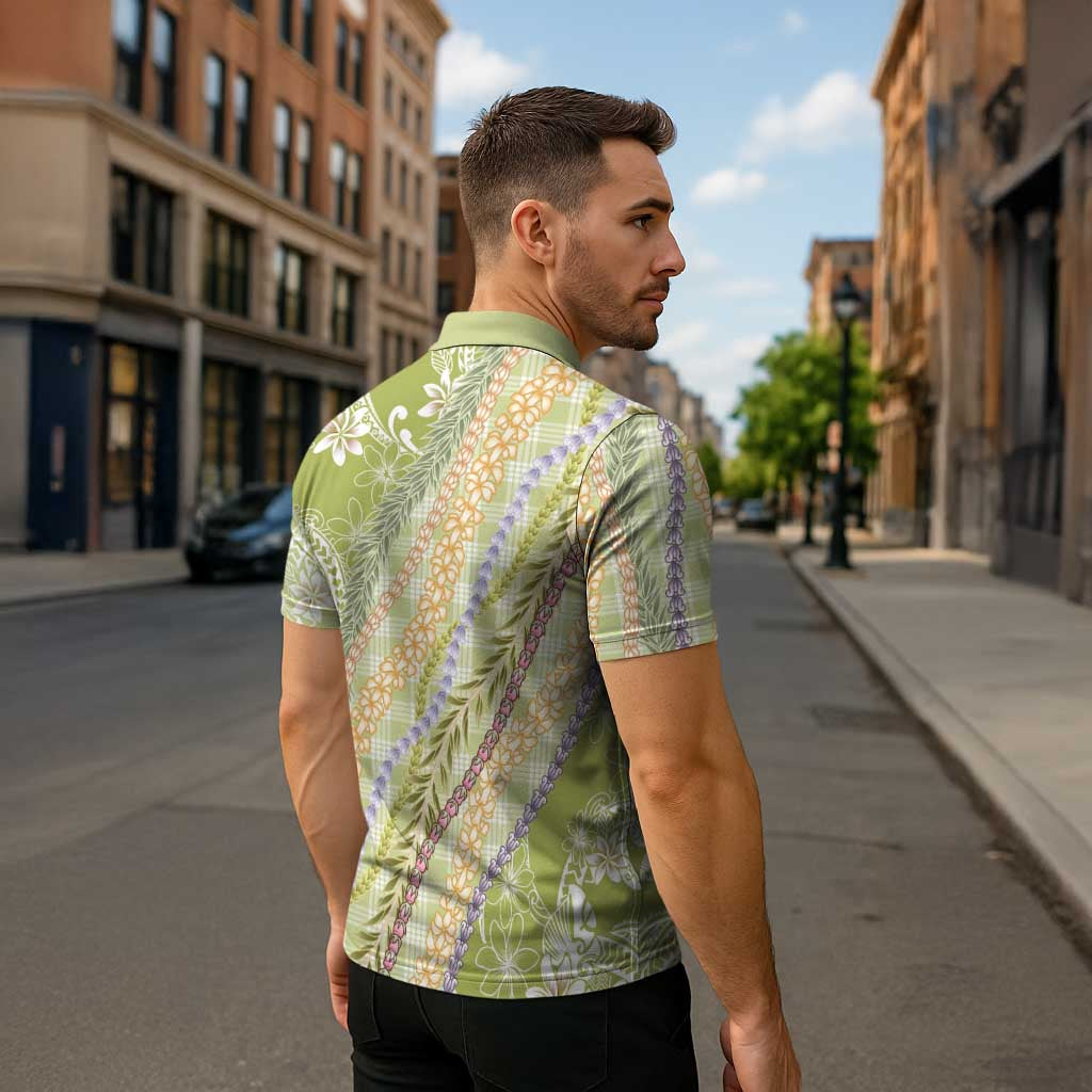 Green Palaka Hawaii Leis Zipper Polo Shirt Hawaiian-plaid Elegant Tropical Vibes - Polynesian Pride